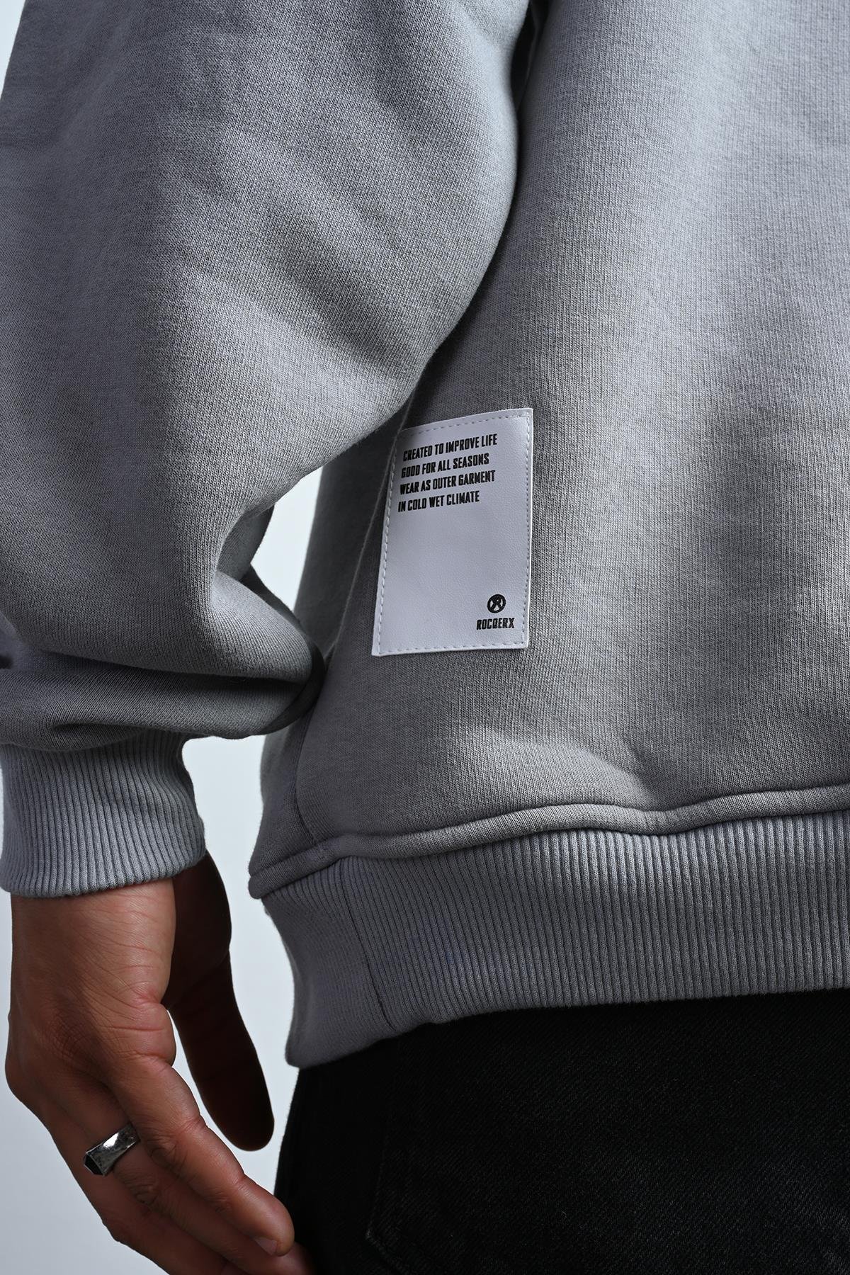 R-5672 Erkek Kanguru Cep Yarım Fermuar Detaylı 3 İplik Sweat