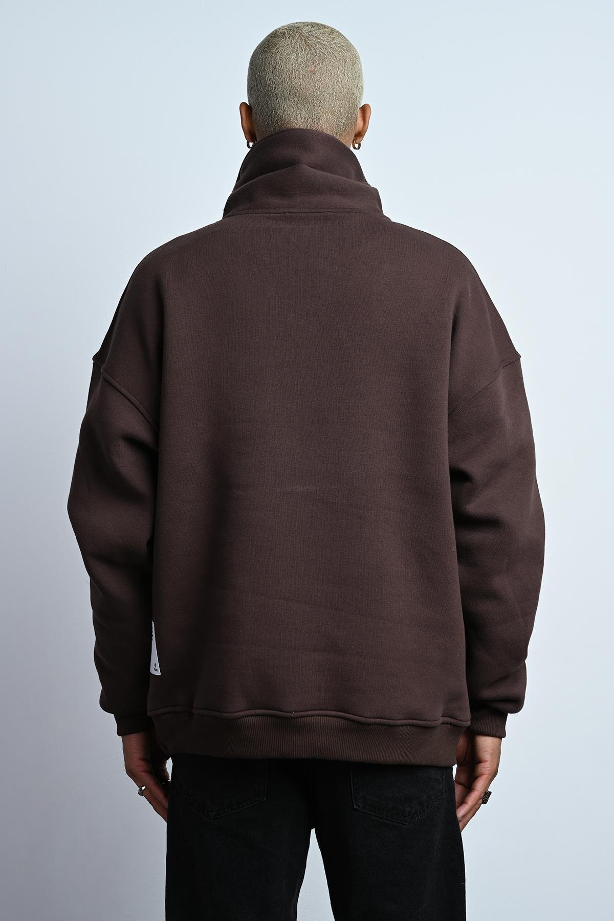 R-5672 Erkek Kanguru Cep Yarım Fermuar Detaylı 3 İplik Sweat