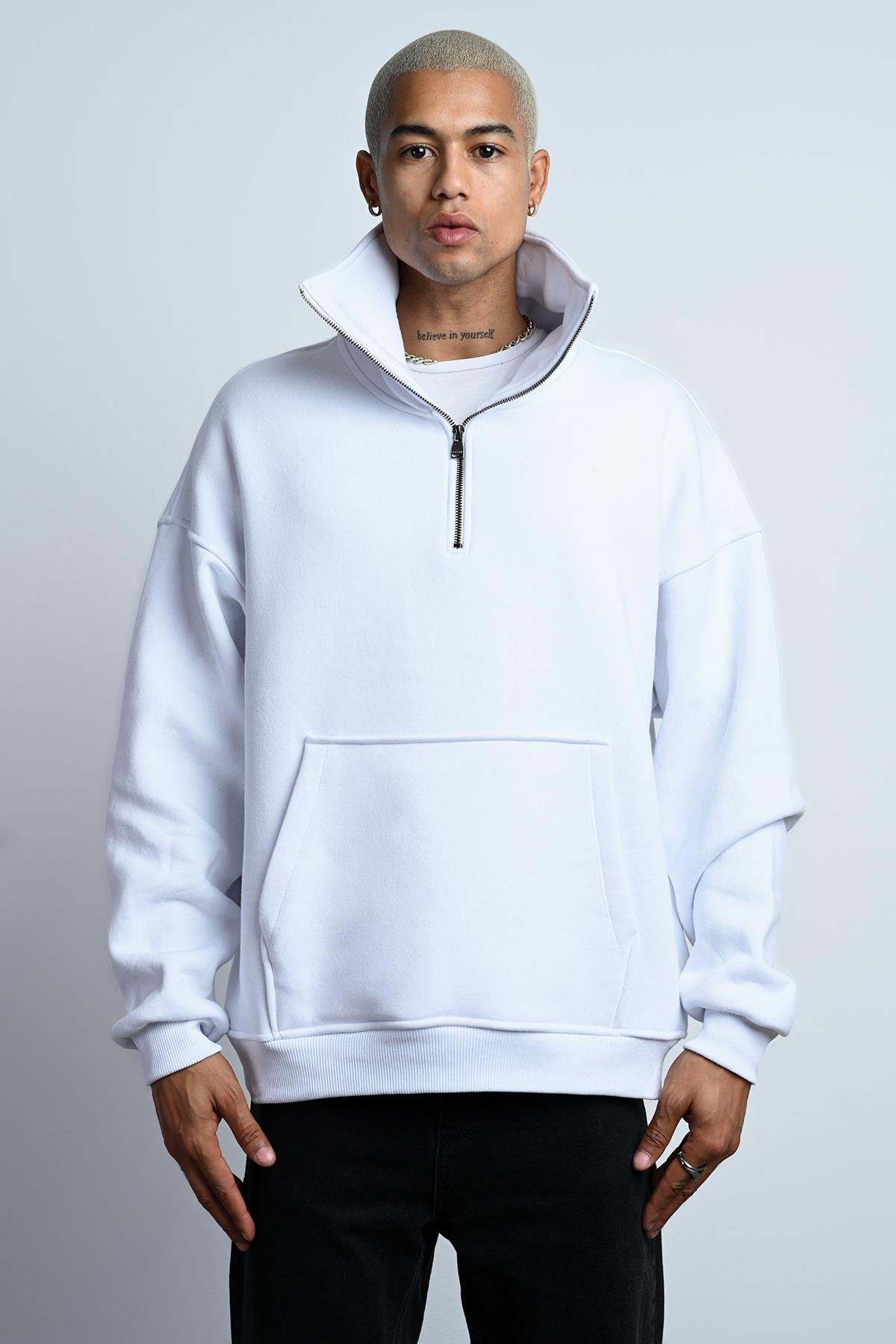 R-5672 Erkek Kanguru Cep Yarım Fermuar Detaylı 3 İplik Sweat