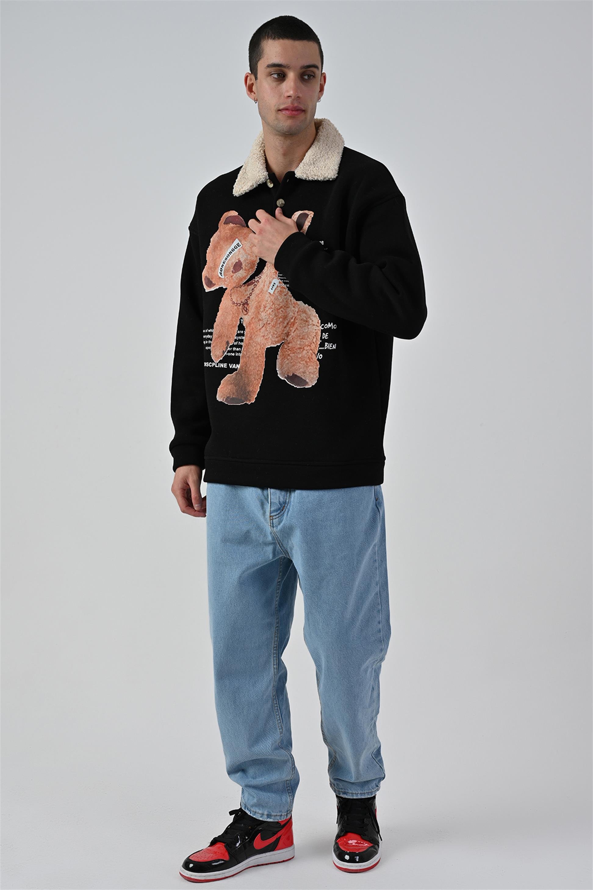 R-5679 Yaka Kürklü Ayı Baskılı 3 İp Şardonlu Sweatshirt