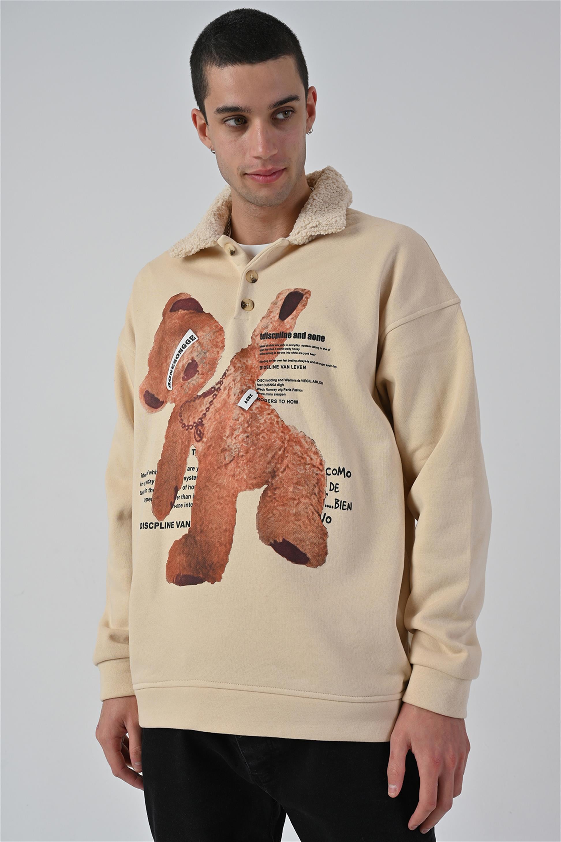 R-5679 Yaka Kürklü Ayı Baskılı 3 İp Şardonlu Sweatshirt