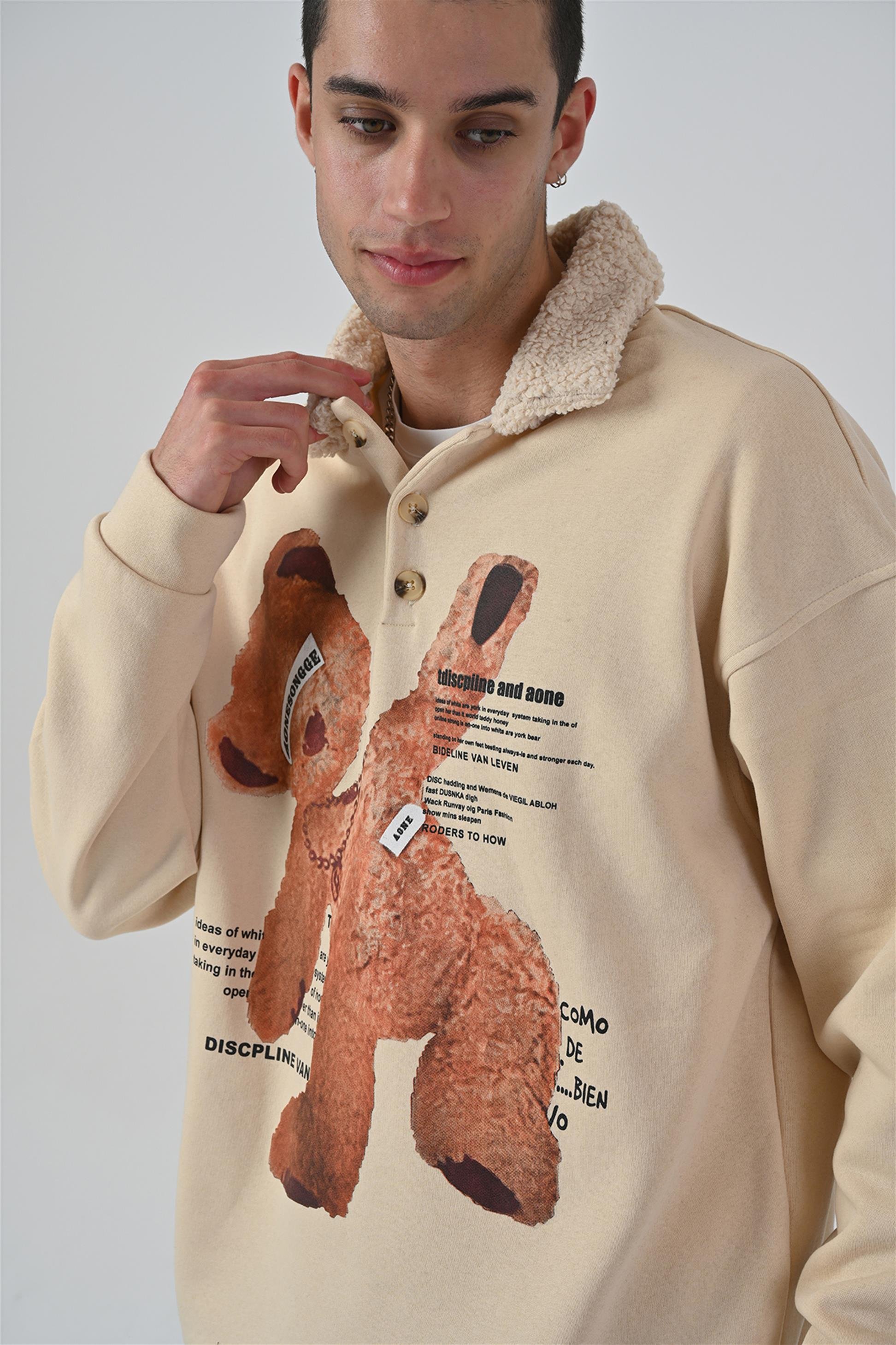 R-5679 Yaka Kürklü Ayı Baskılı 3 İp Şardonlu Sweatshirt