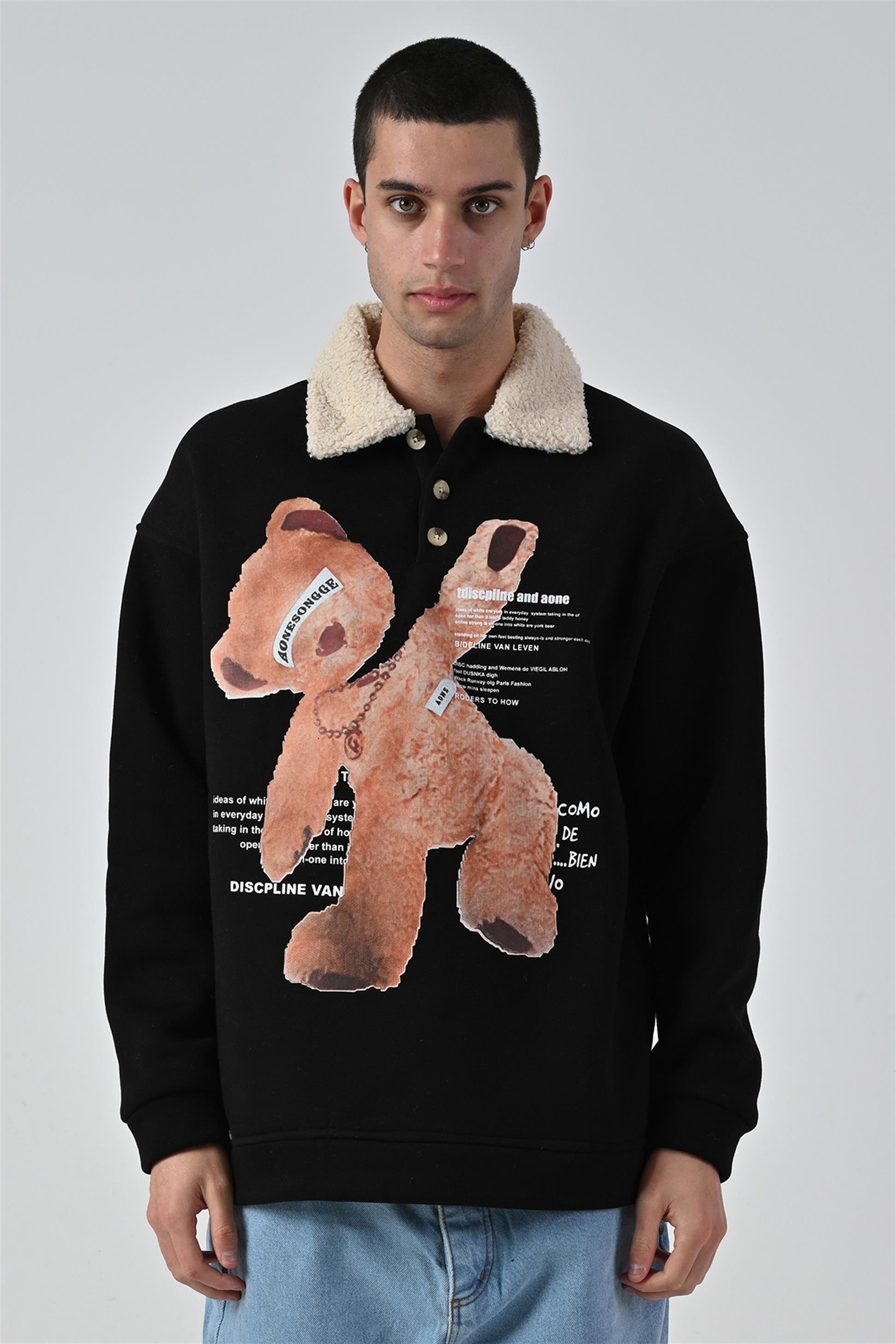 R-5679 Yaka Kürklü Ayı Baskılı 3 İp Şardonlu Sweatshirt
