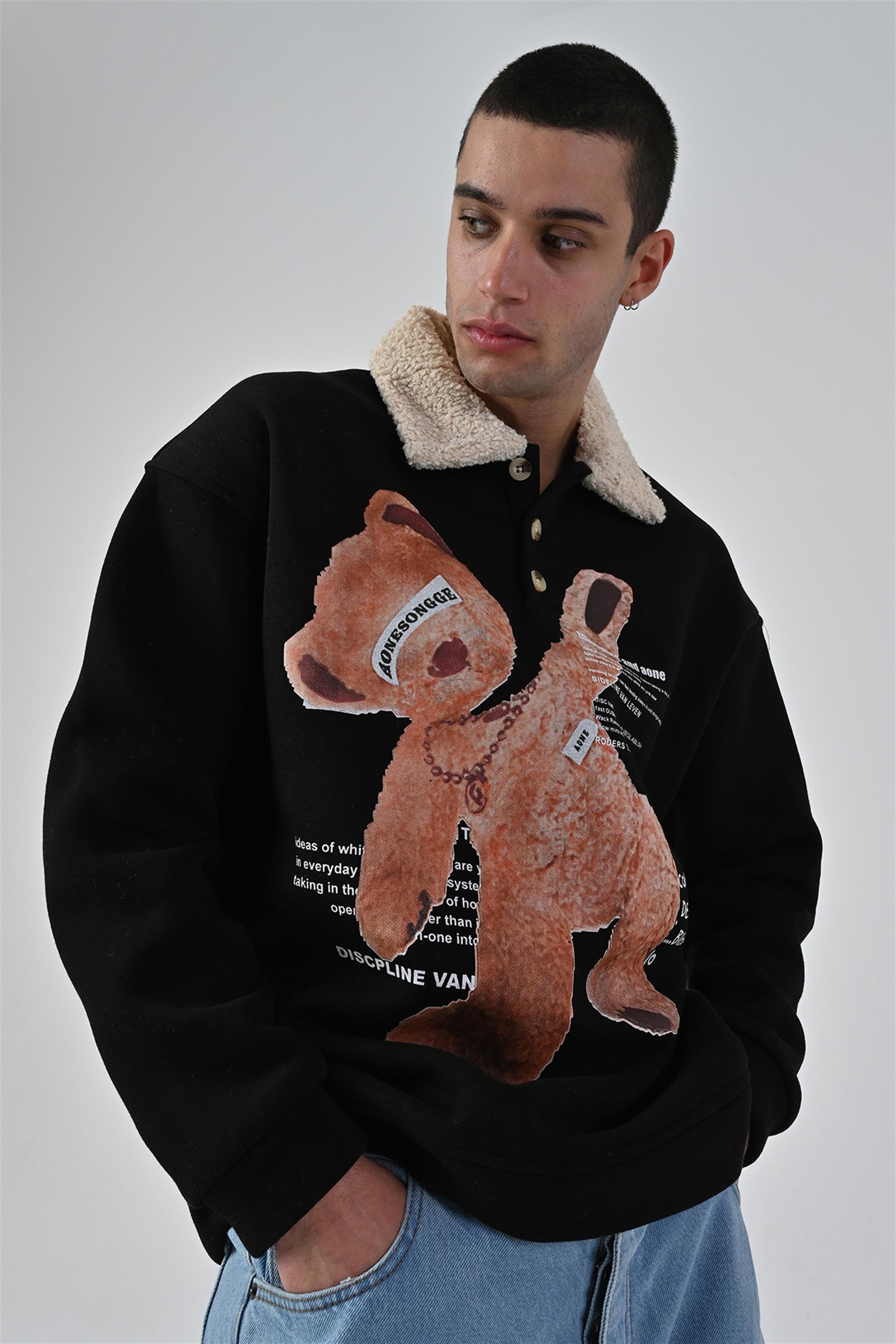 R-5679 Yaka Kürklü Ayı Baskılı 3 İp Şardonlu Sweatshirt