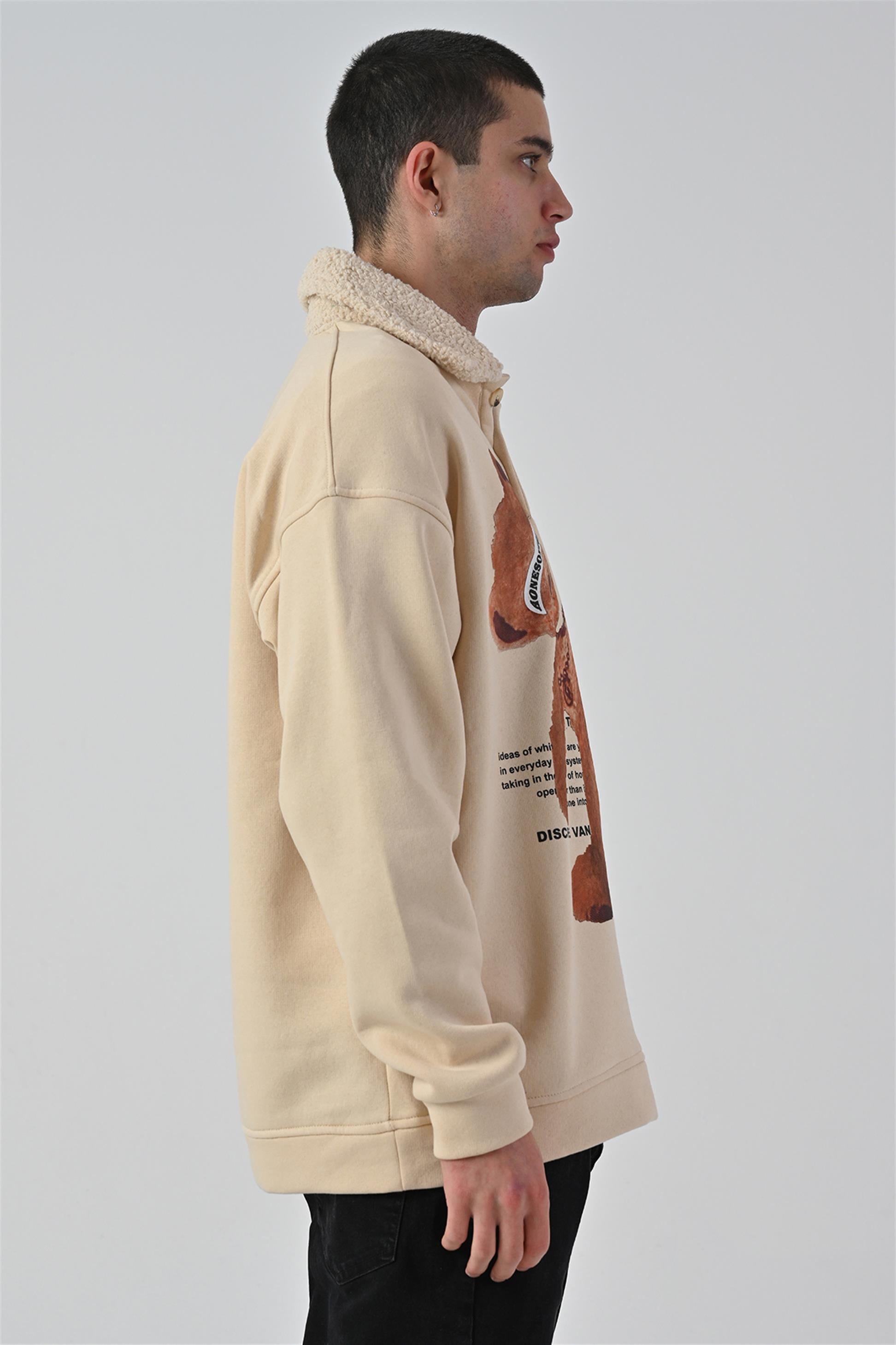 R-5679 Yaka Kürklü Ayı Baskılı 3 İp Şardonlu Sweatshirt