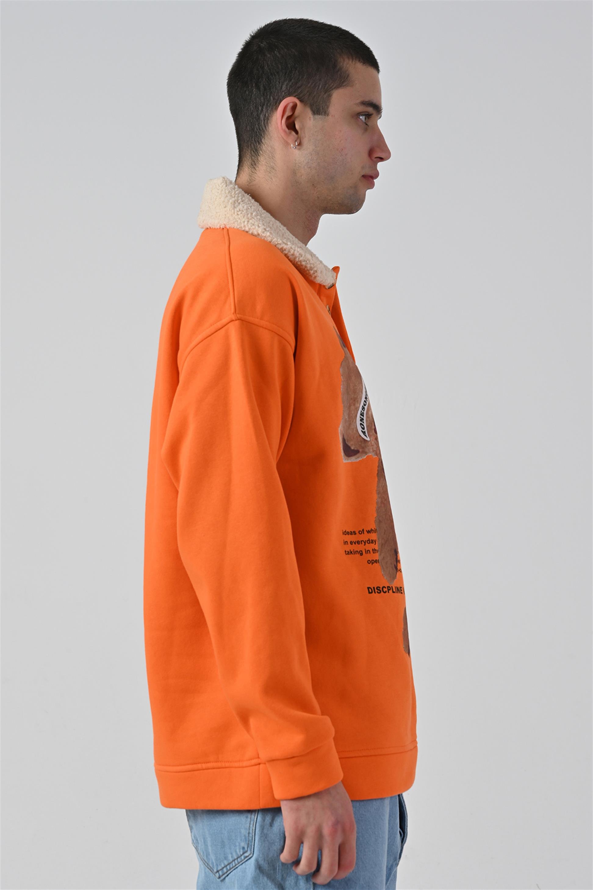 R-5679 Yaka Kürklü Ayı Baskılı 3 İp Şardonlu Sweatshirt