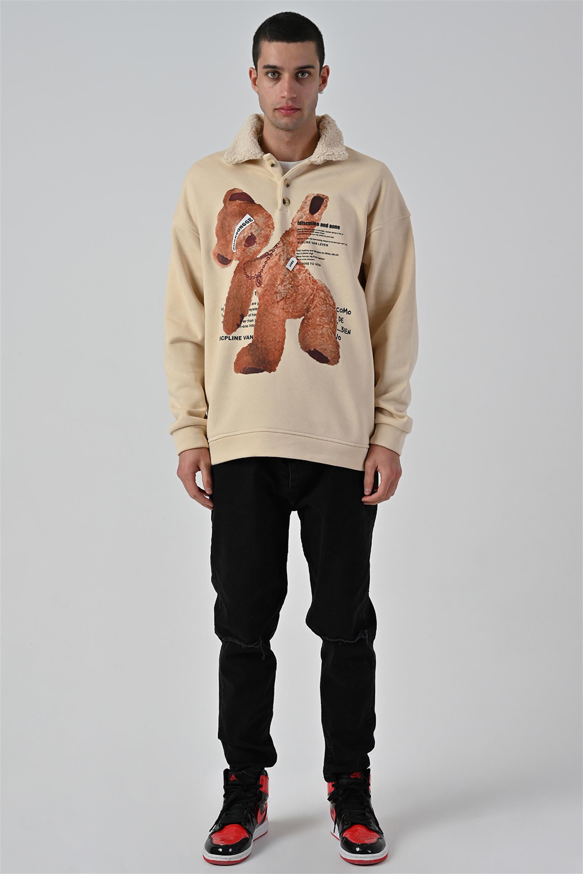 R-5679 Yaka Kürklü Ayı Baskılı 3 İp Şardonlu Sweatshirt
