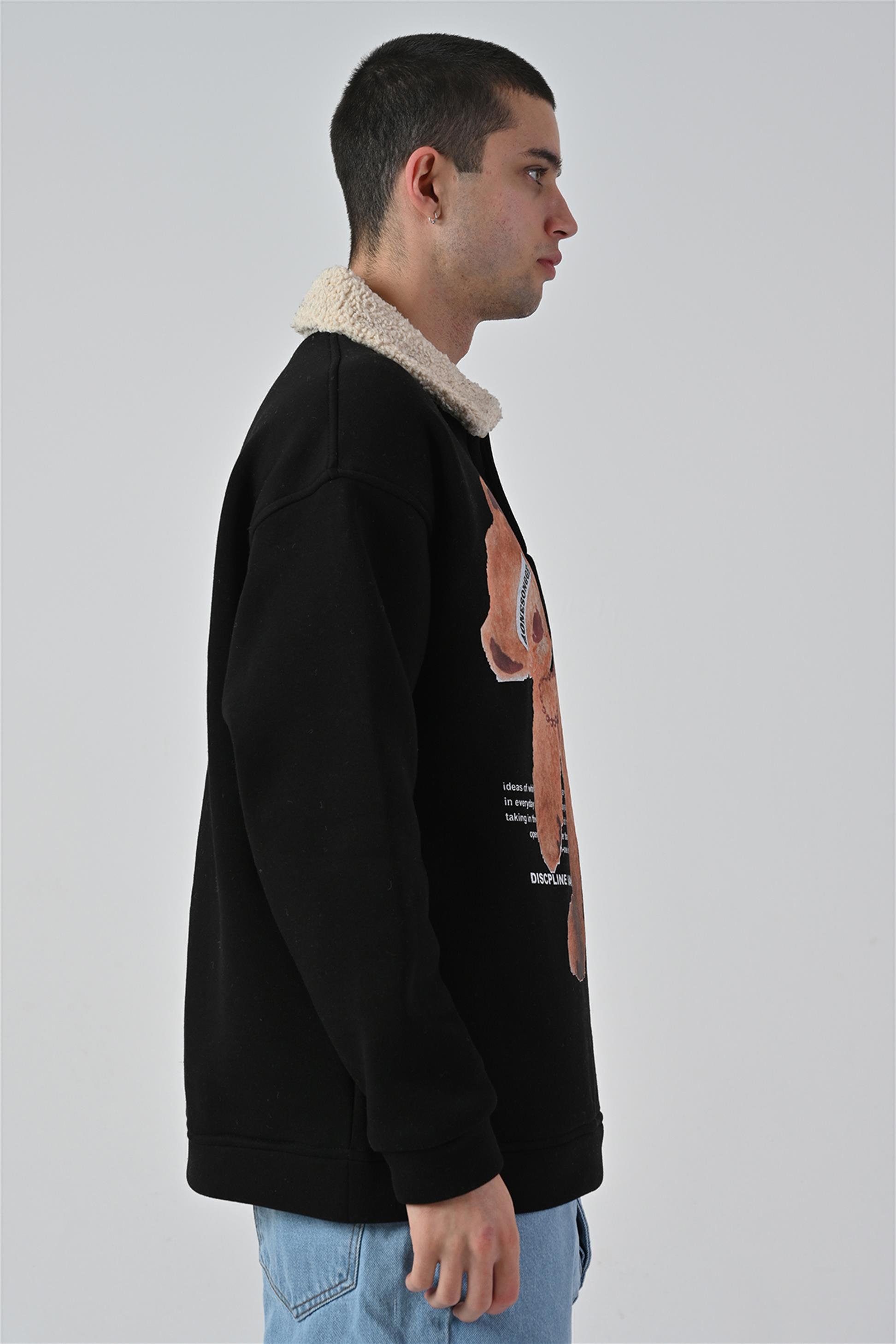 R-5679 Yaka Kürklü Ayı Baskılı 3 İp Şardonlu Sweatshirt