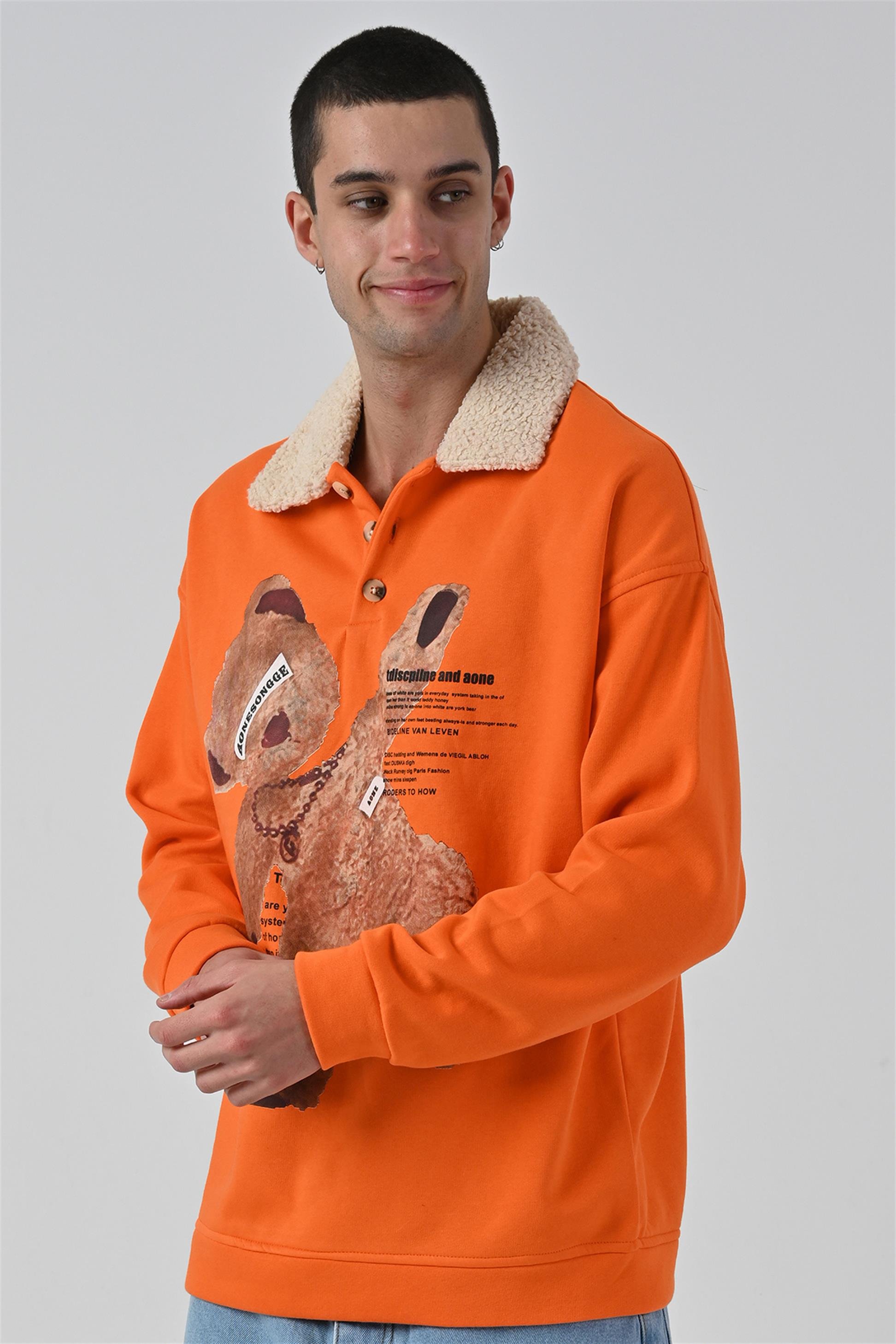 R-5679 Yaka Kürklü Ayı Baskılı 3 İp Şardonlu Sweatshirt