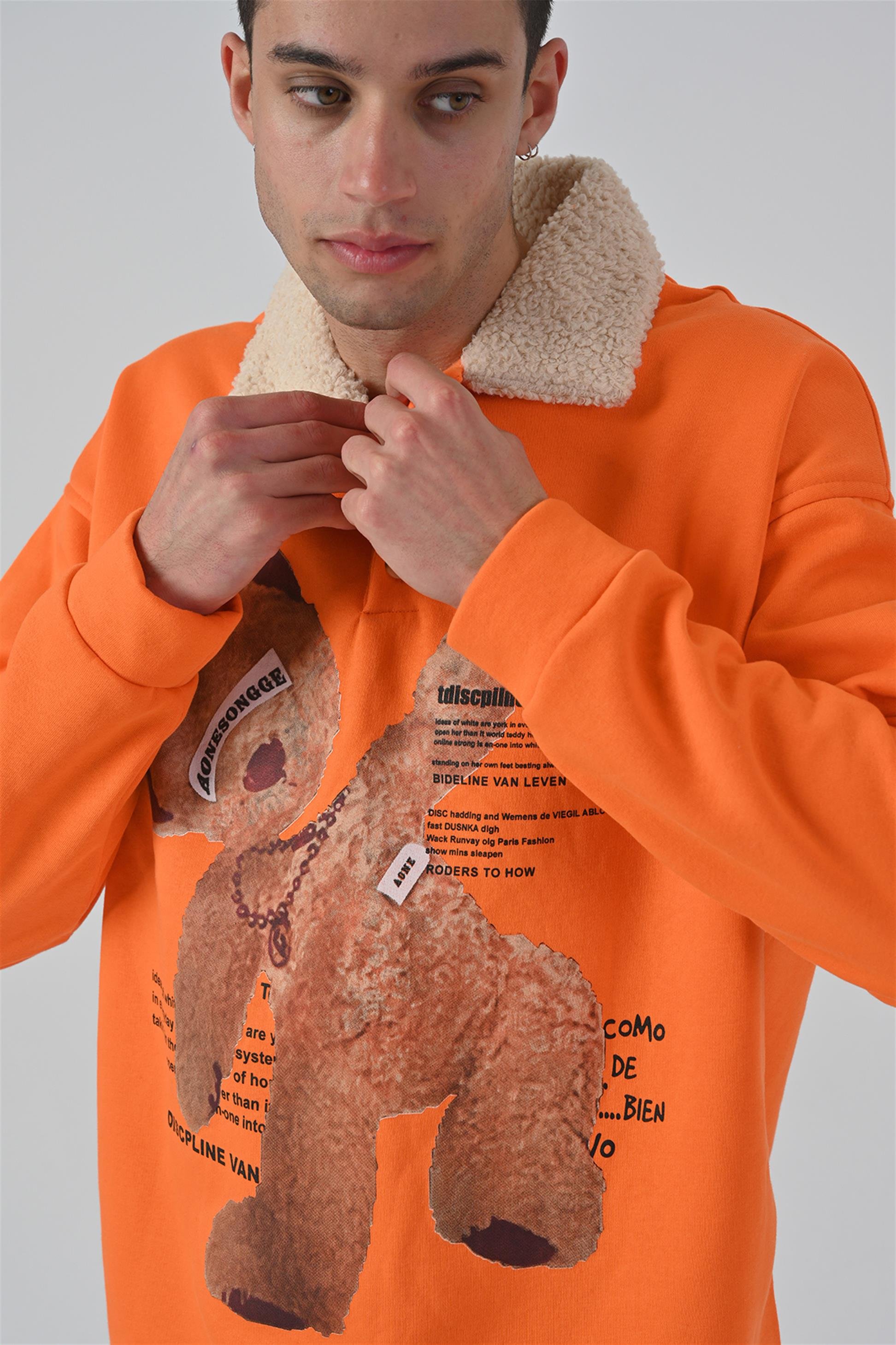 R-5679 Yaka Kürklü Ayı Baskılı 3 İp Şardonlu Sweatshirt