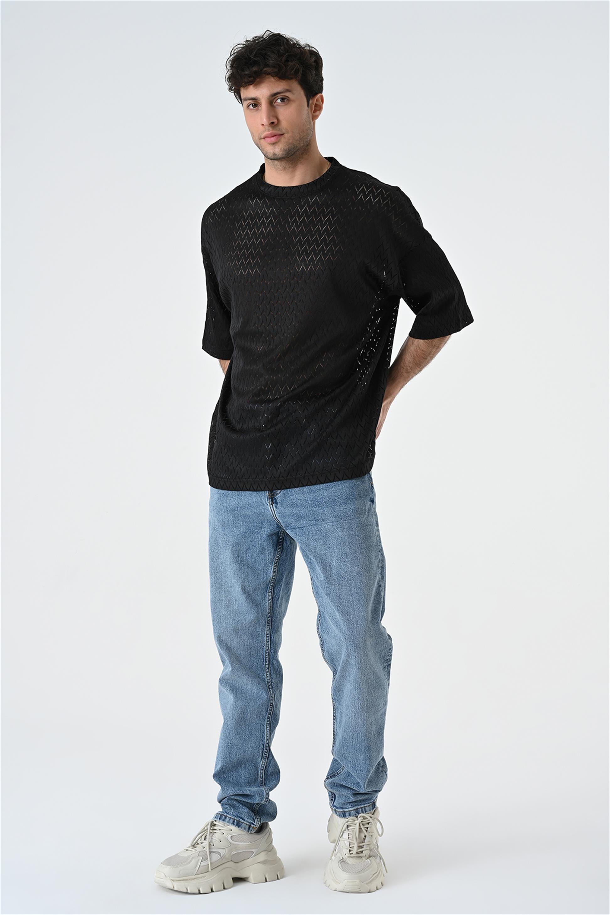 R-5682 Bisiklet Yaka Oversize Dantel T-shirt