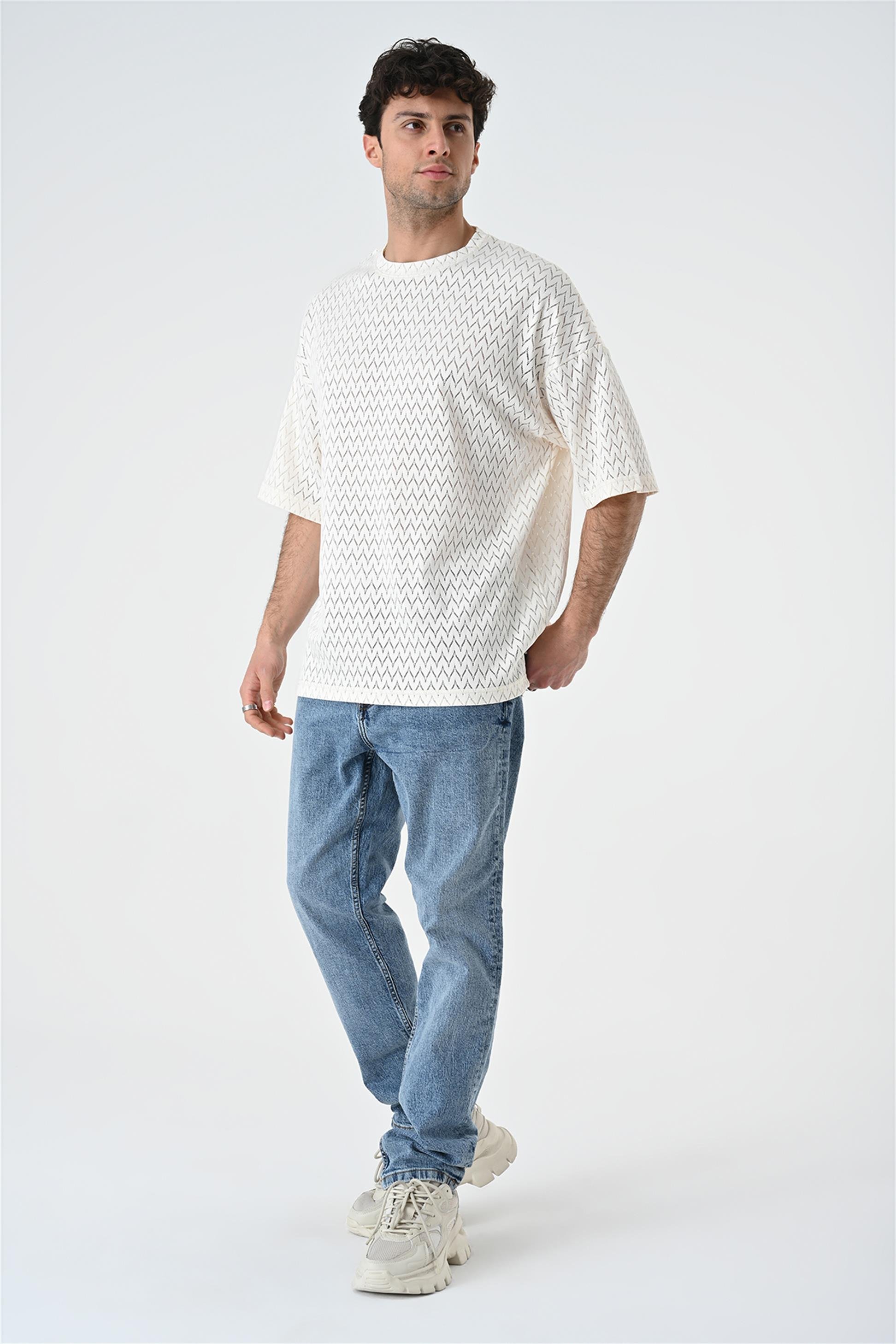 R-5682 Bisiklet Yaka Oversize Dantel T-shirt
