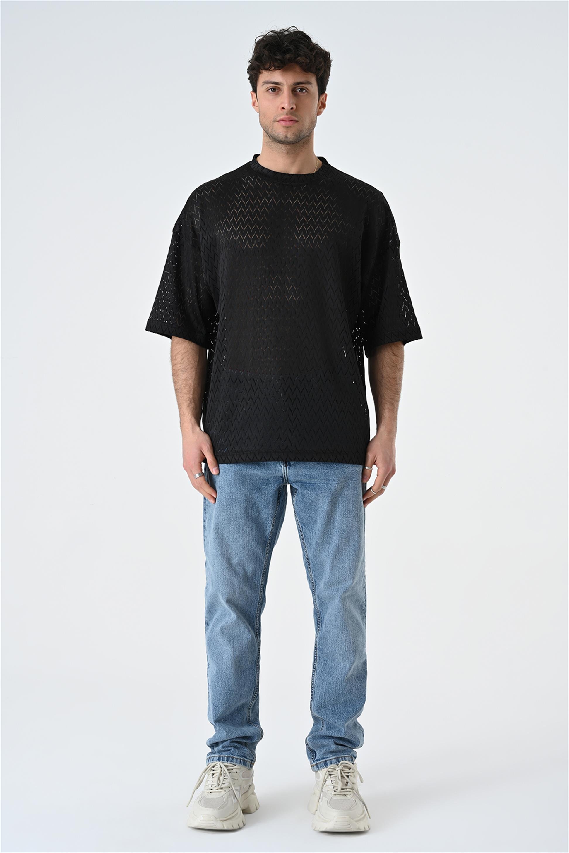 R-5682 Bisiklet Yaka Oversize Dantel T-shirt