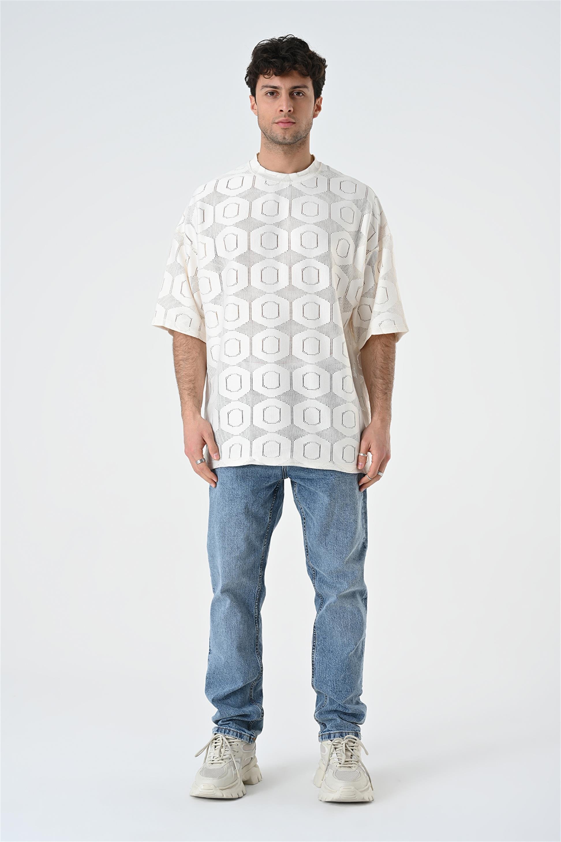 R-5683 Bisiklet Yaka Oversize Dantel T-shirt