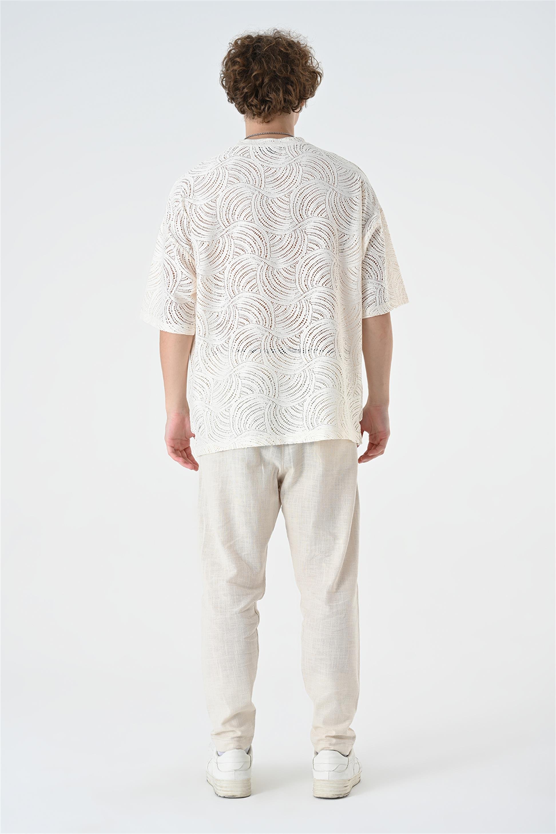 R-5684 Bisiklet Yaka Oversize Dantel T-shirt