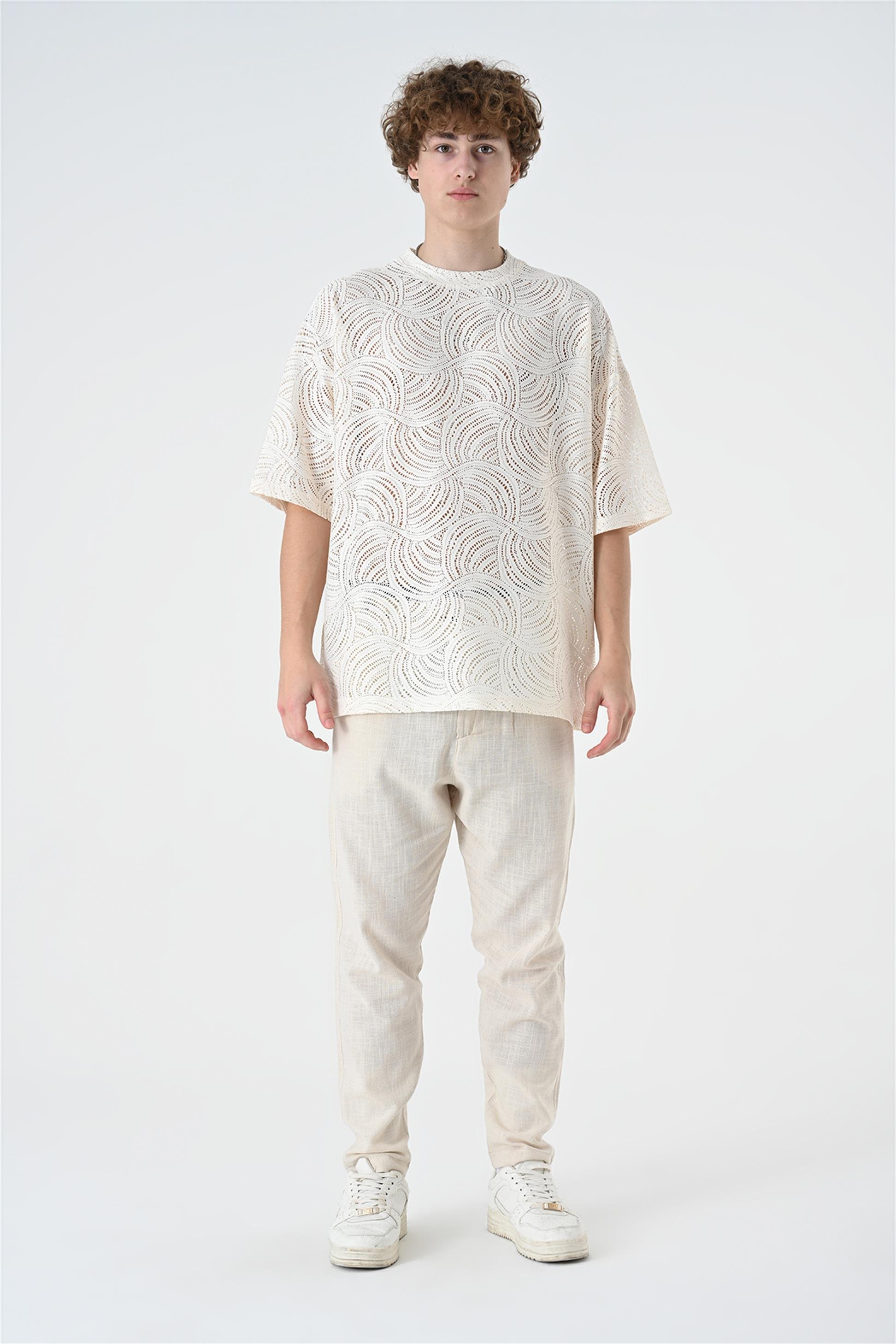 R-5684 Bisiklet Yaka Oversize Dantel T-shirt