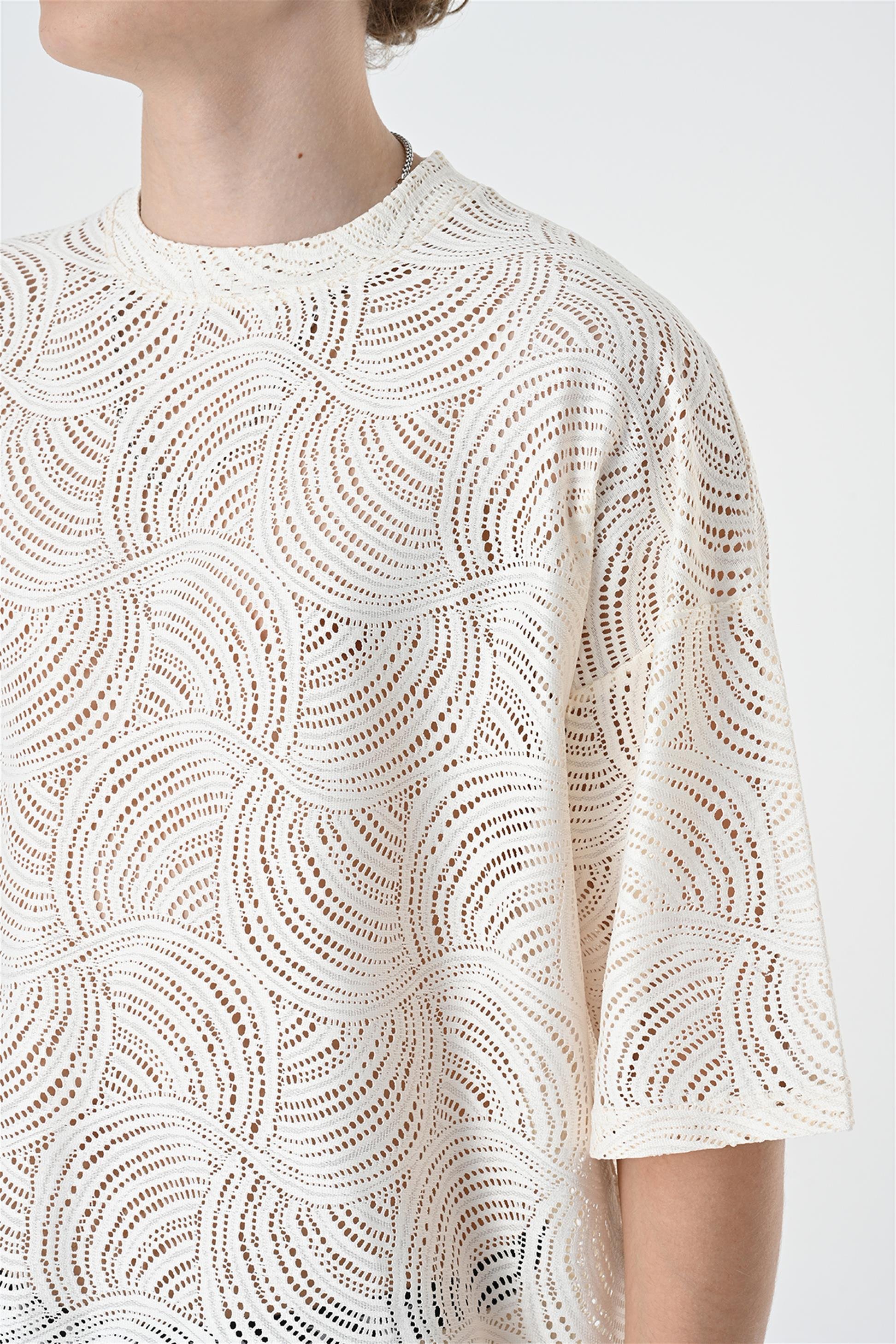 R-5684 Bisiklet Yaka Oversize Dantel T-shirt