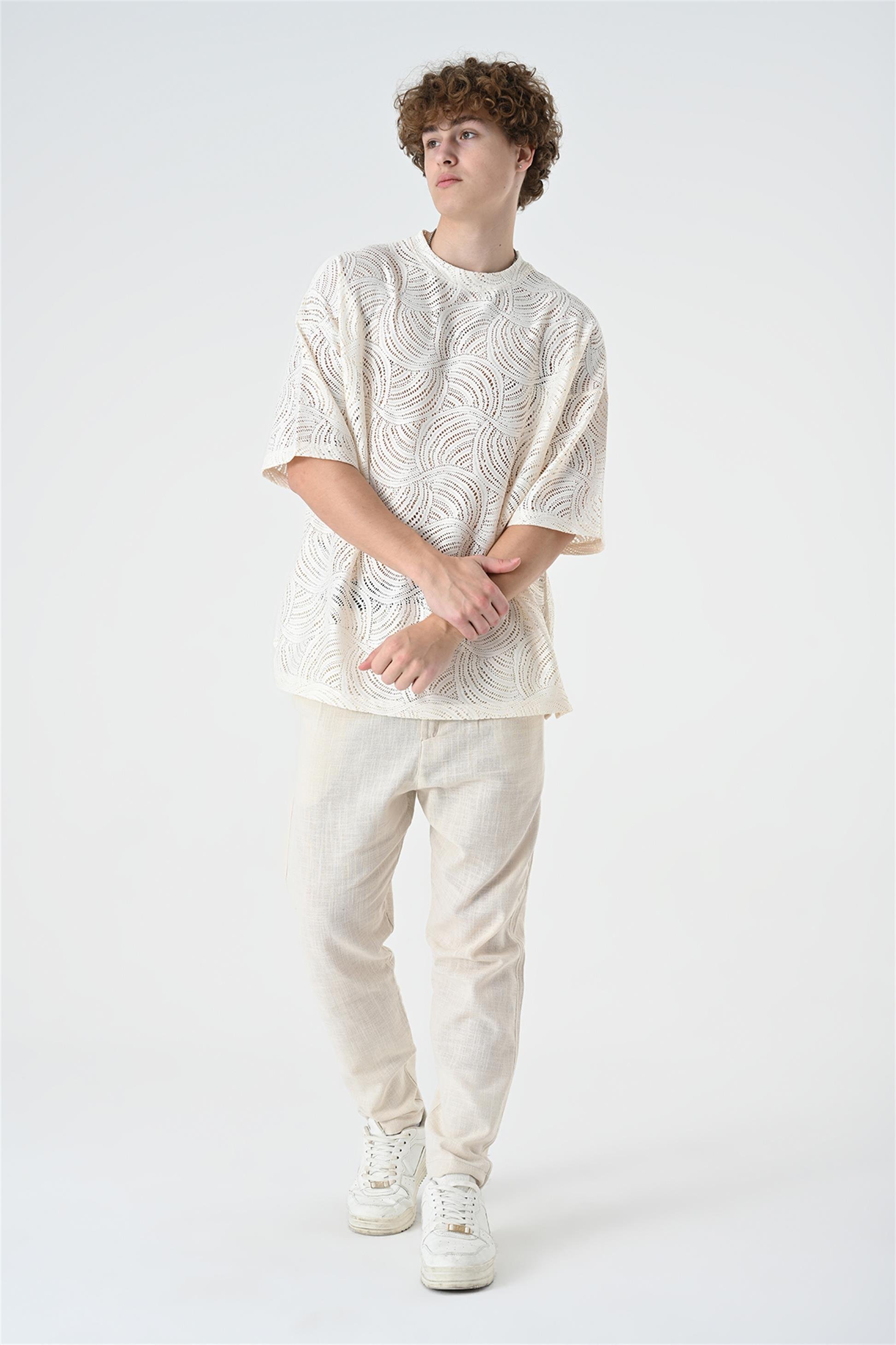 R-5684 Bisiklet Yaka Oversize Dantel T-shirt