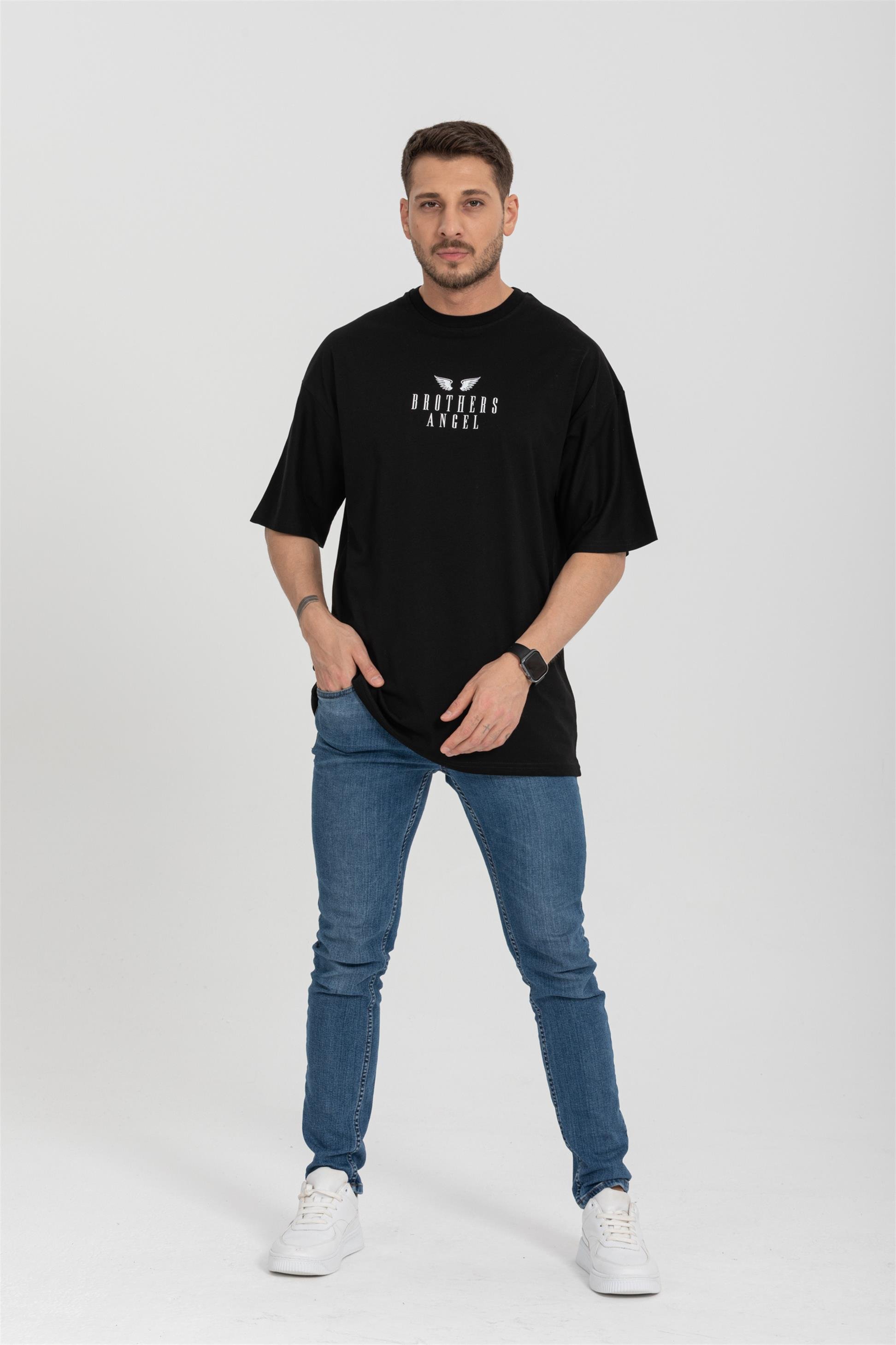 R-5719 Bisiklet Yaka Brothers Angel Baskılı Oversize T-shirt