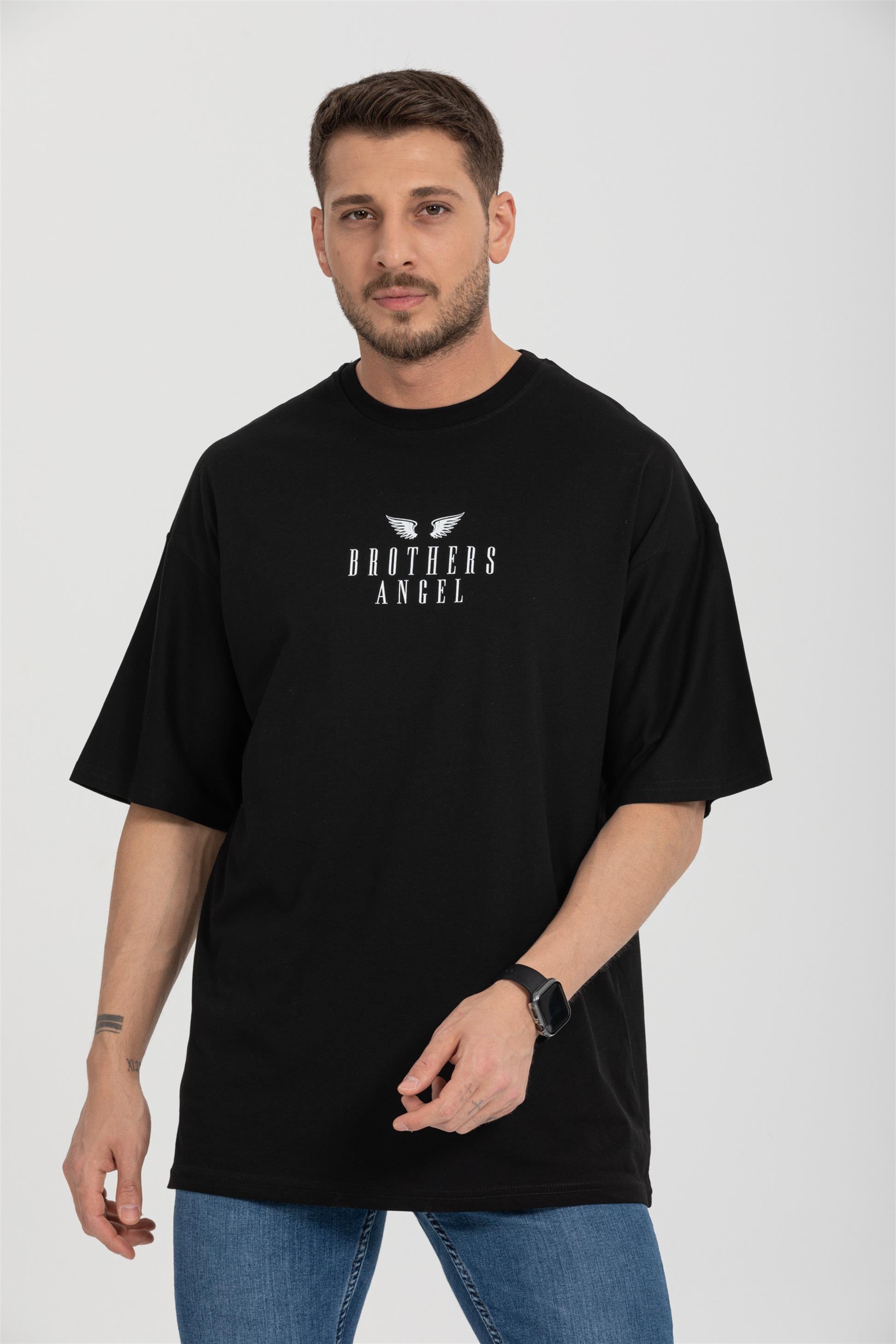 R-5719 Bisiklet Yaka Brothers Angel Baskılı Oversize T-shirt