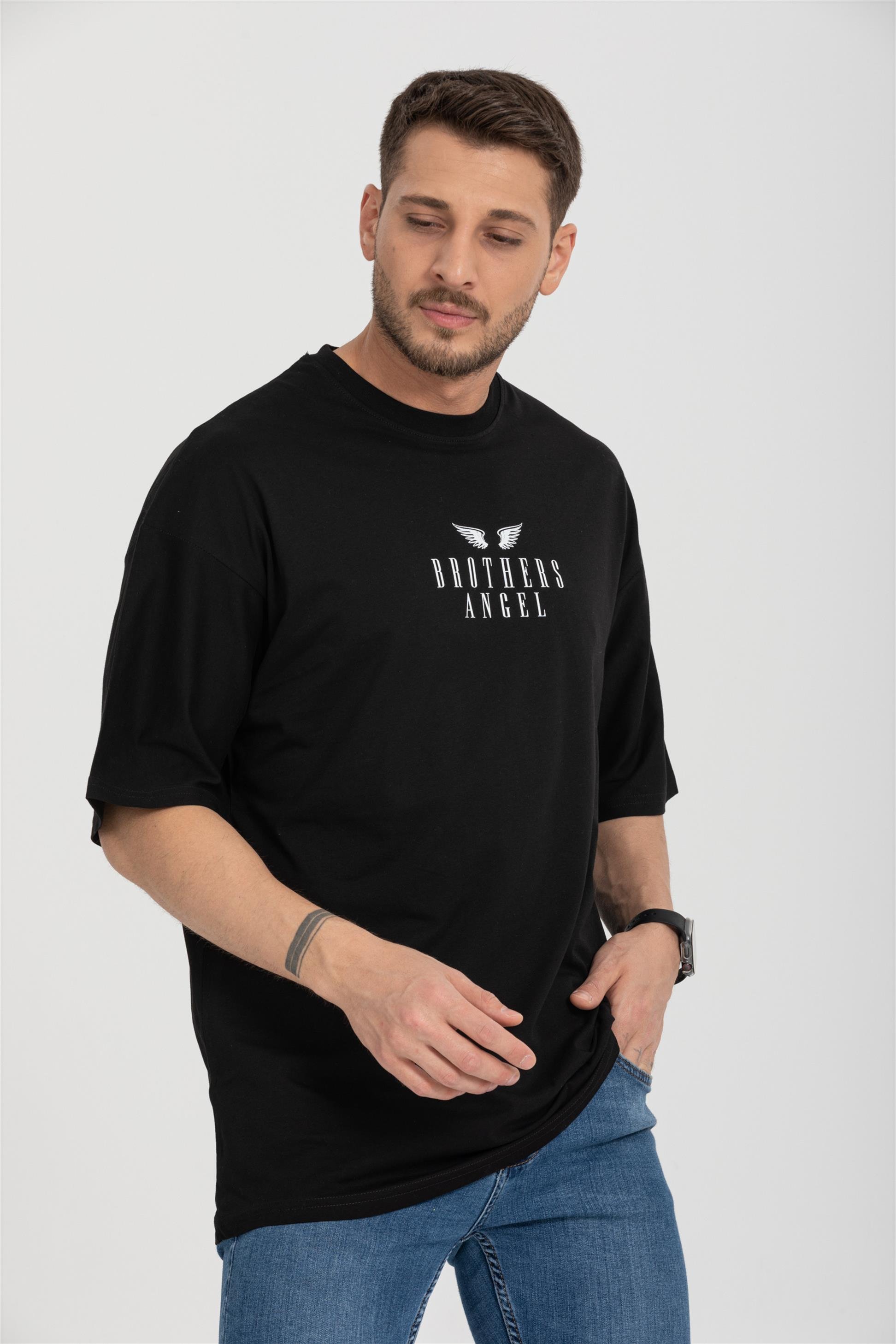 R-5719 Bisiklet Yaka Brothers Angel Baskılı Oversize T-shirt