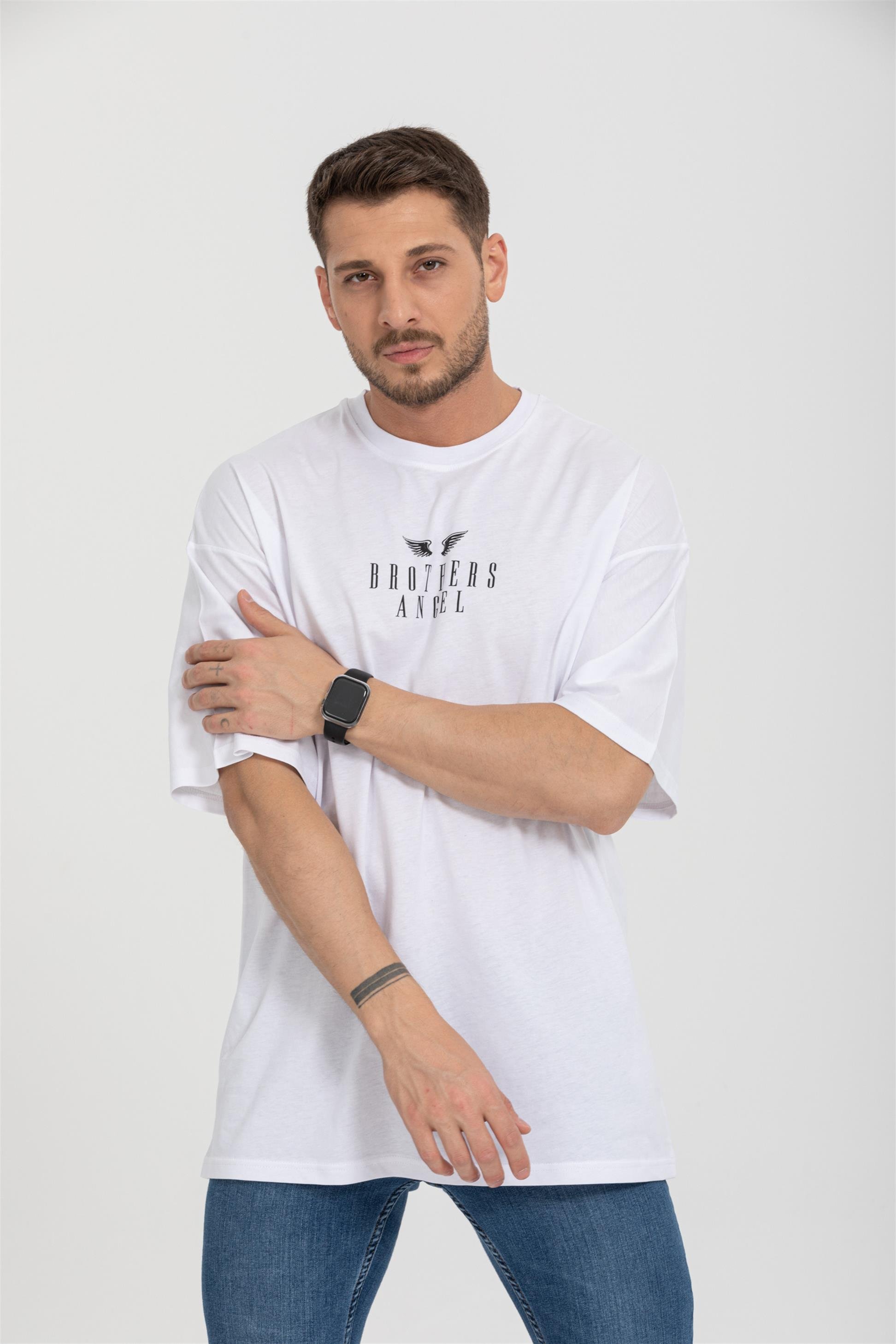 R-5719 Bisiklet Yaka Brothers Angel Baskılı Oversize T-shirt