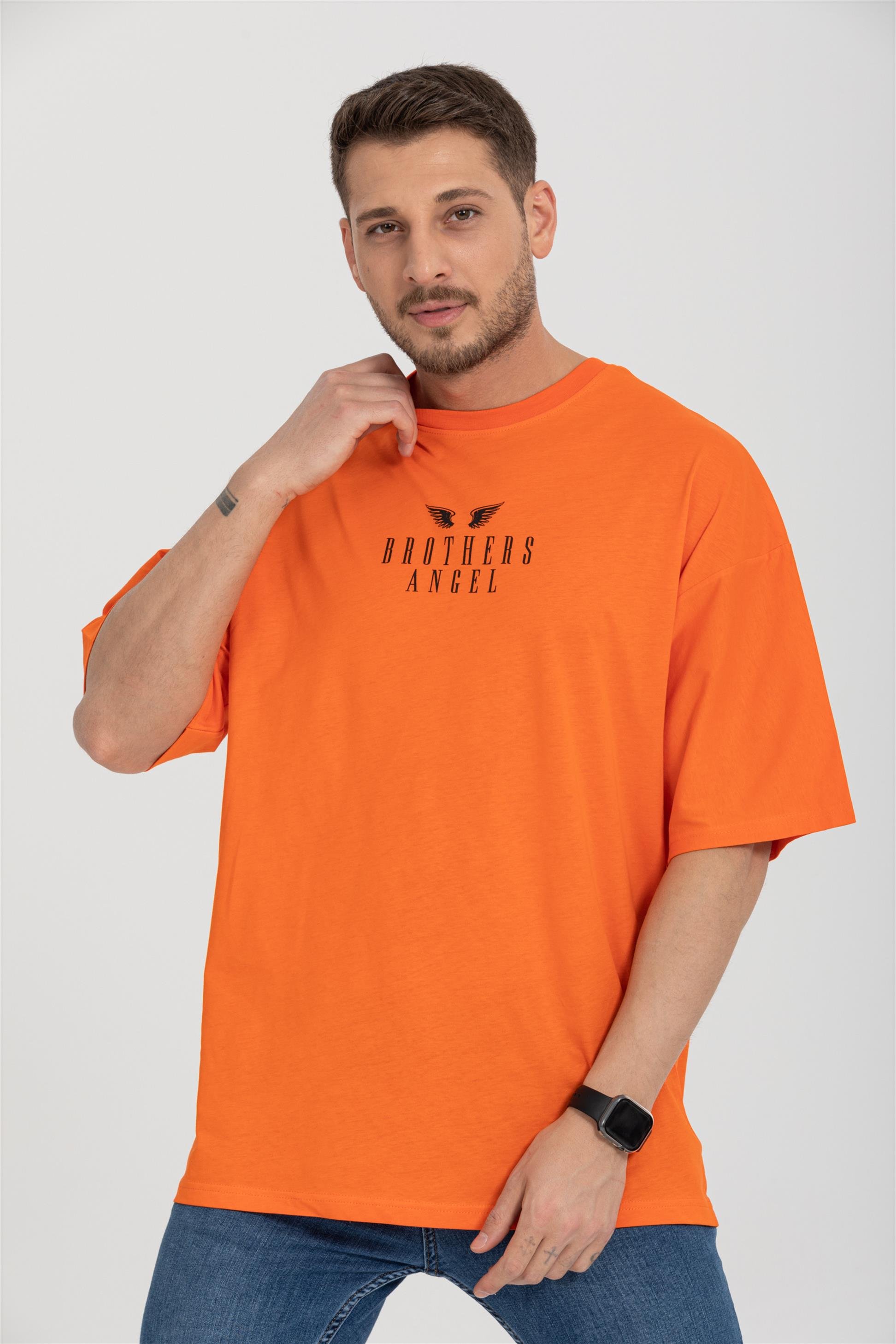 R-5719 Bisiklet Yaka Brothers Angel Baskılı Oversize T-shirt