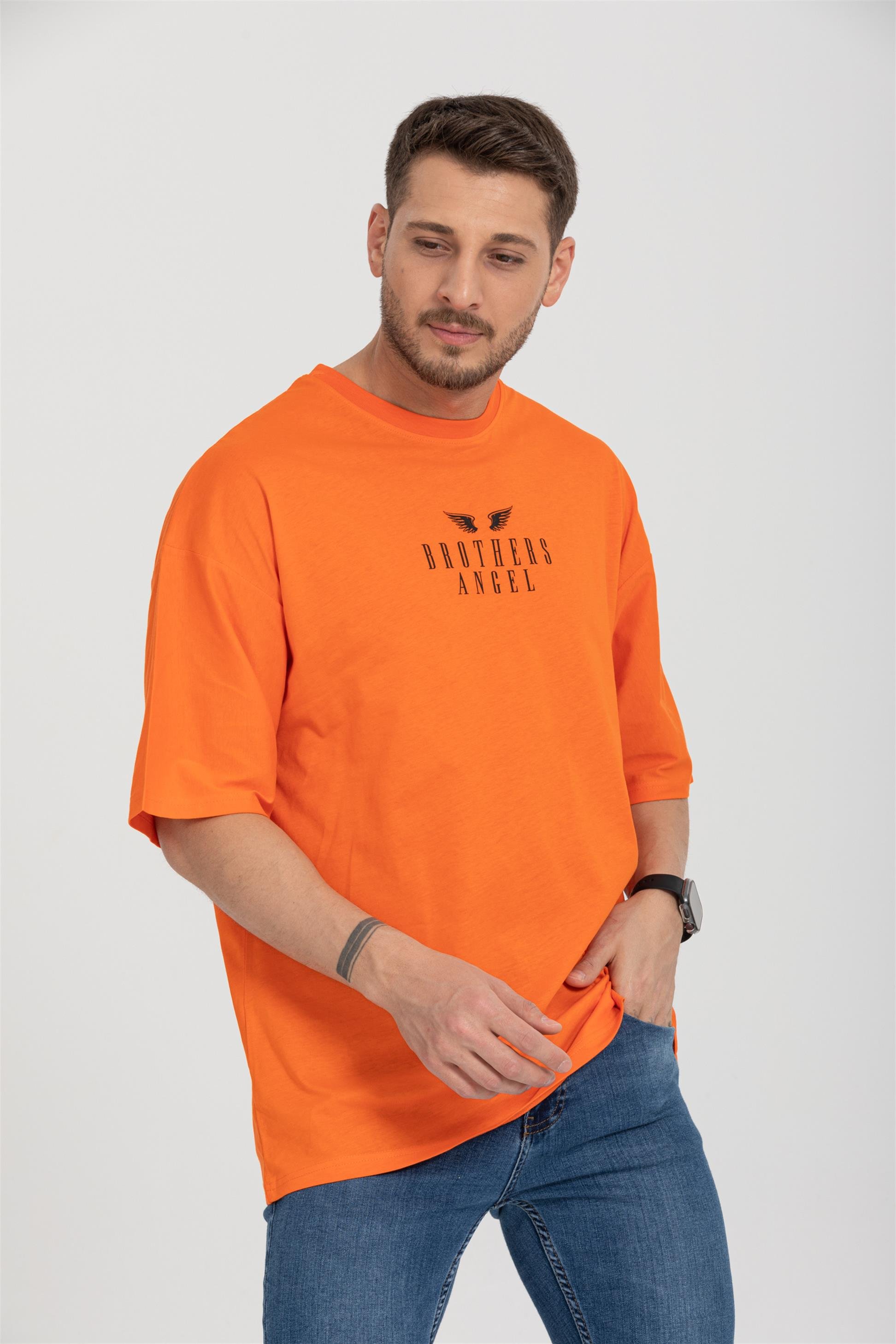 R-5719 Bisiklet Yaka Brothers Angel Baskılı Oversize T-shirt