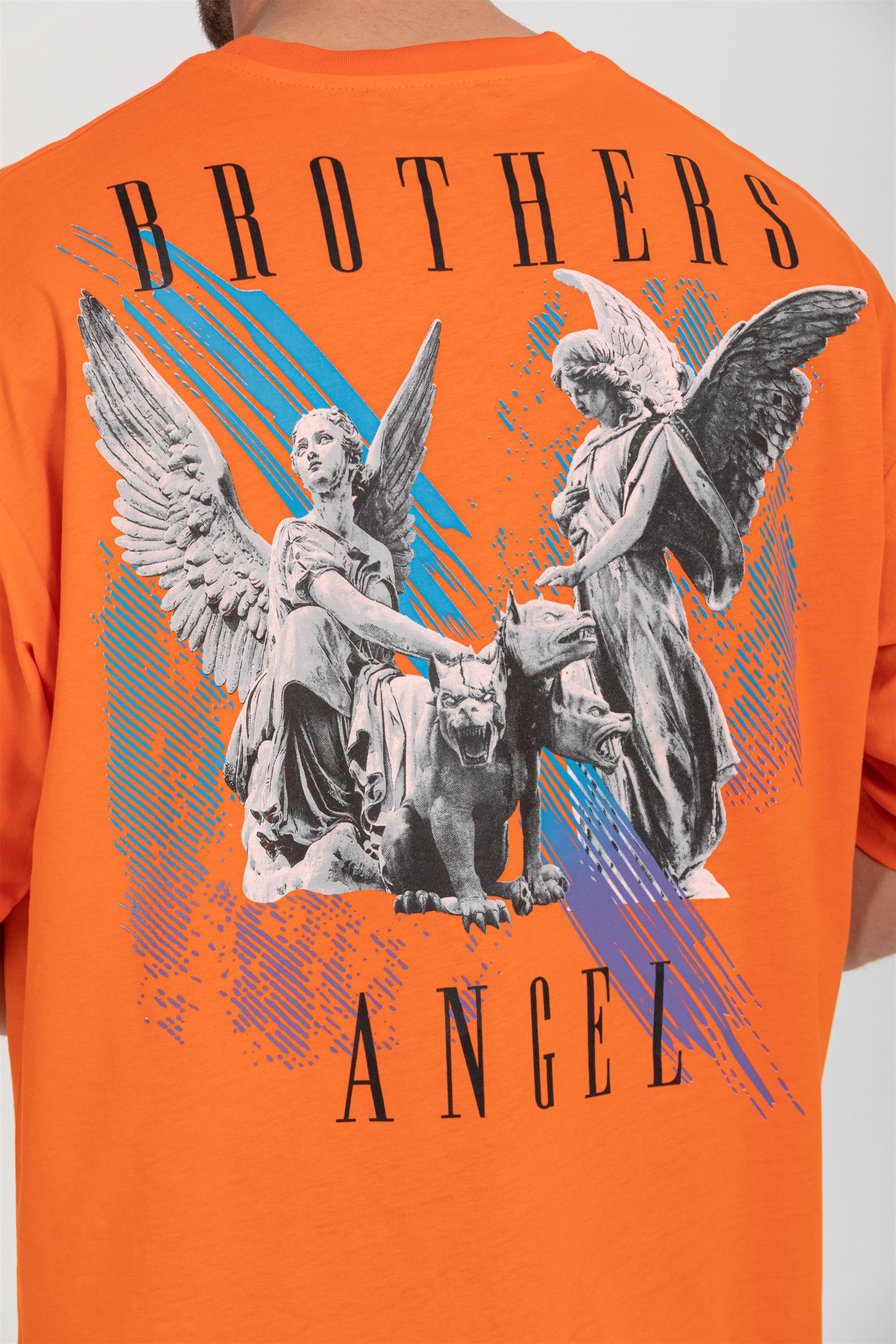 R-5719 Bisiklet Yaka Brothers Angel Baskılı Oversize T-shirt