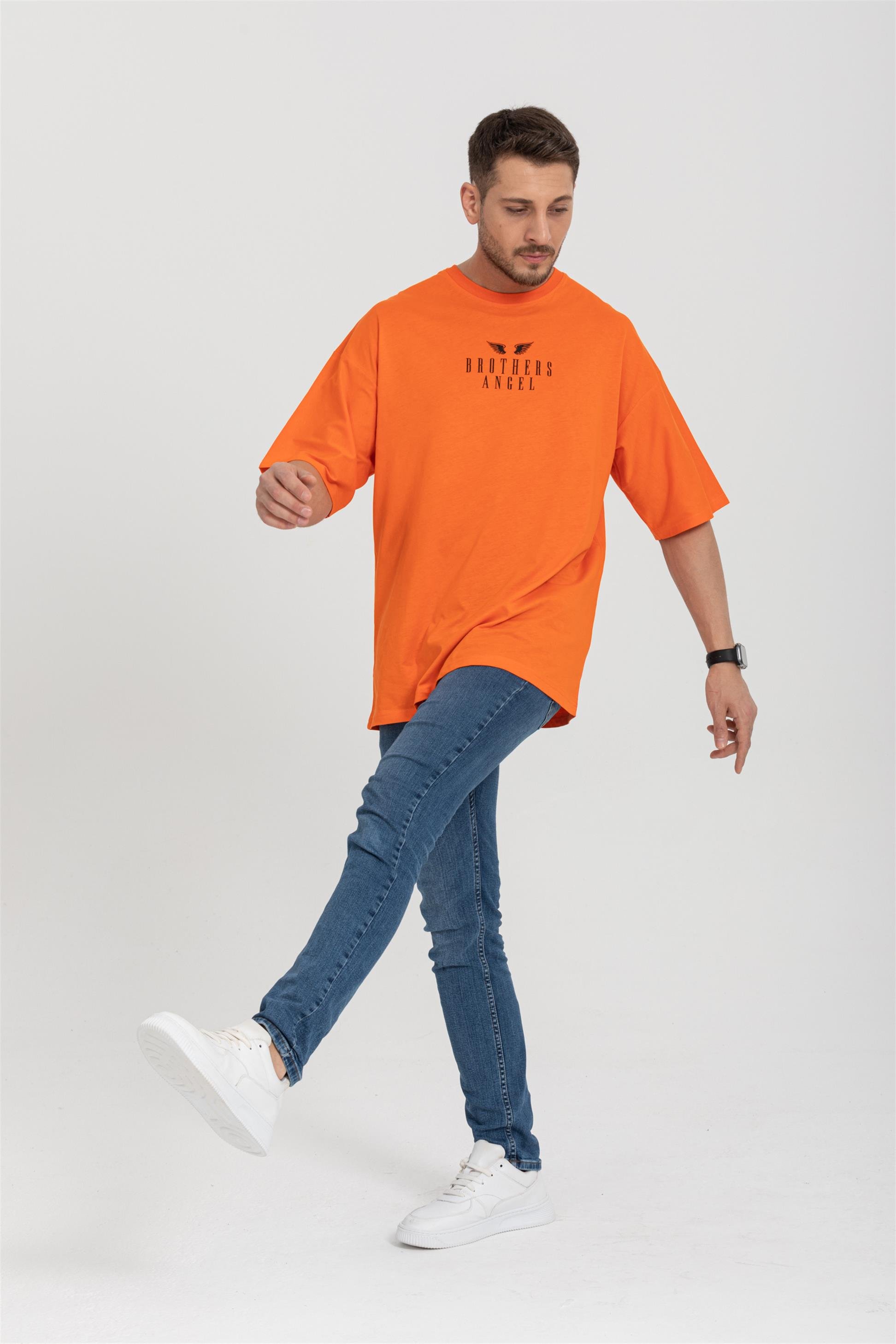 R-5719 Bisiklet Yaka Brothers Angel Baskılı Oversize T-shirt