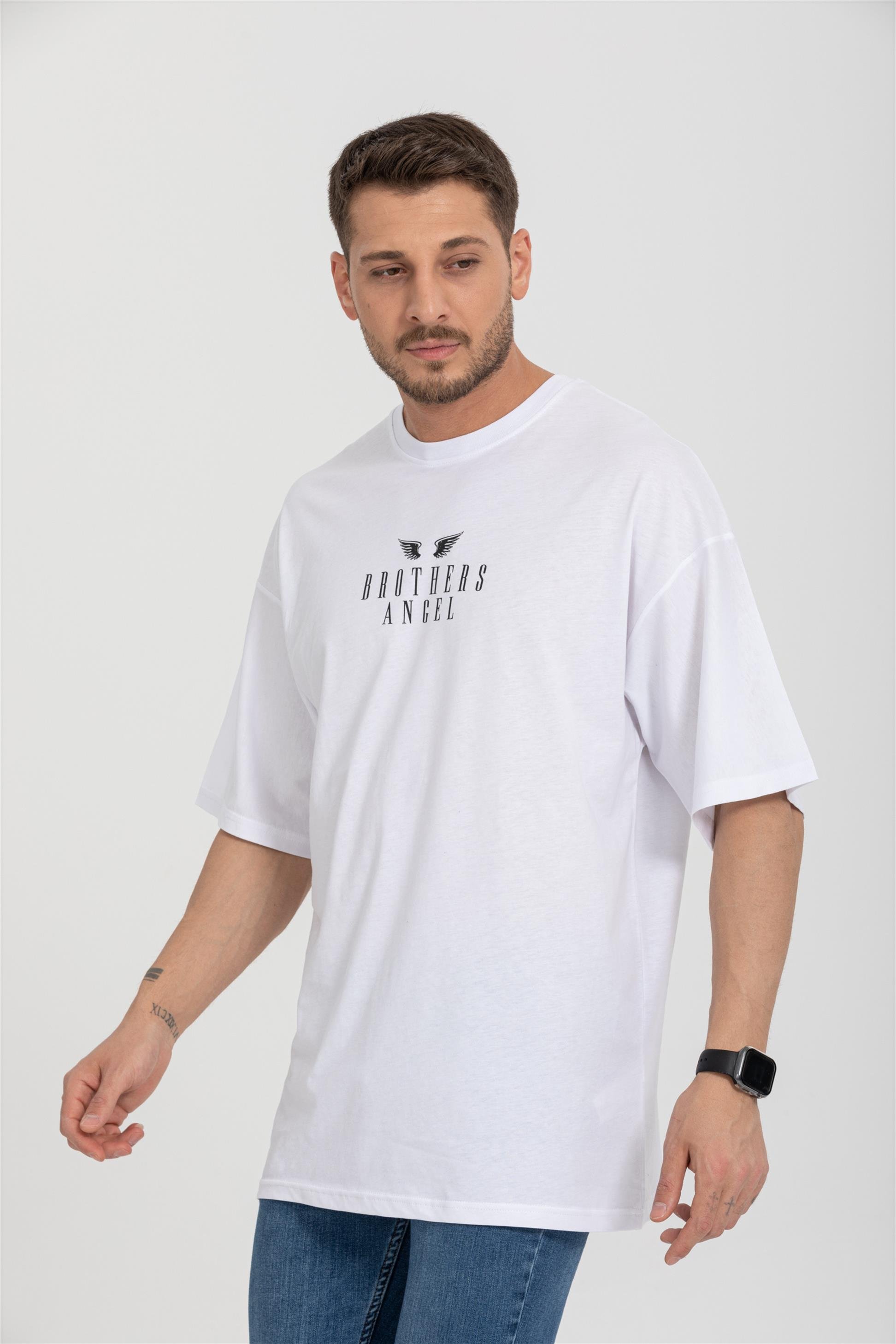 R-5719 Bisiklet Yaka Brothers Angel Baskılı Oversize T-shirt