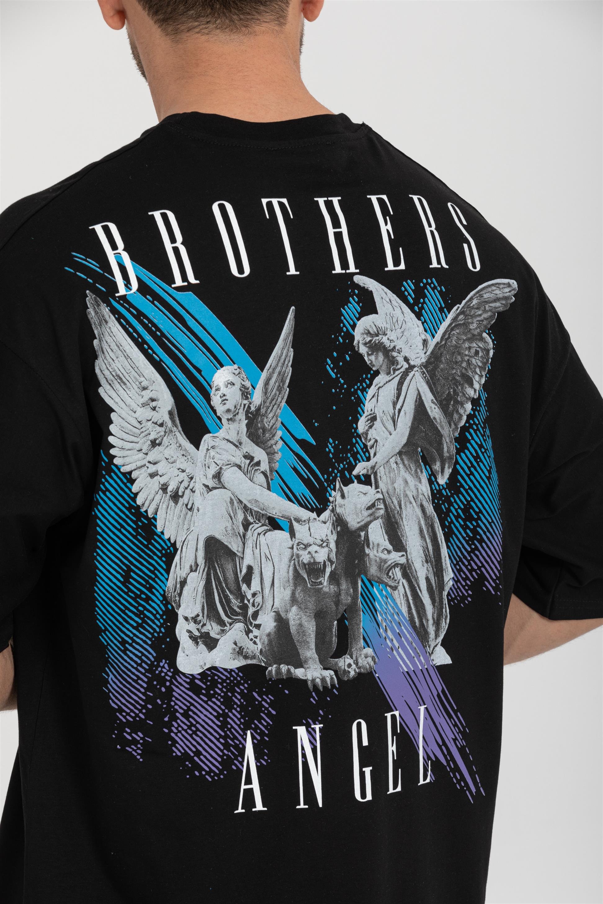 R-5719 Bisiklet Yaka Brothers Angel Baskılı Oversize T-shirt