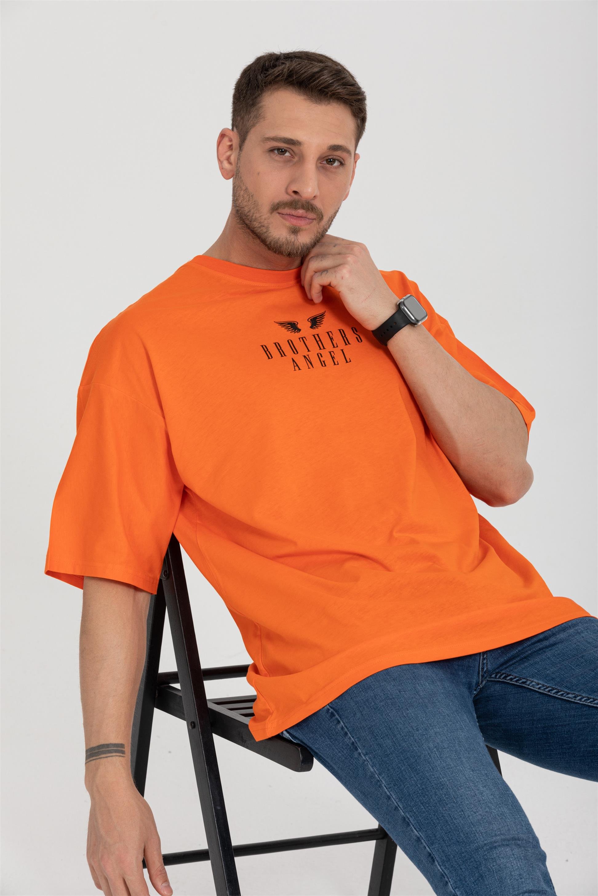 R-5719 Bisiklet Yaka Brothers Angel Baskılı Oversize T-shirt