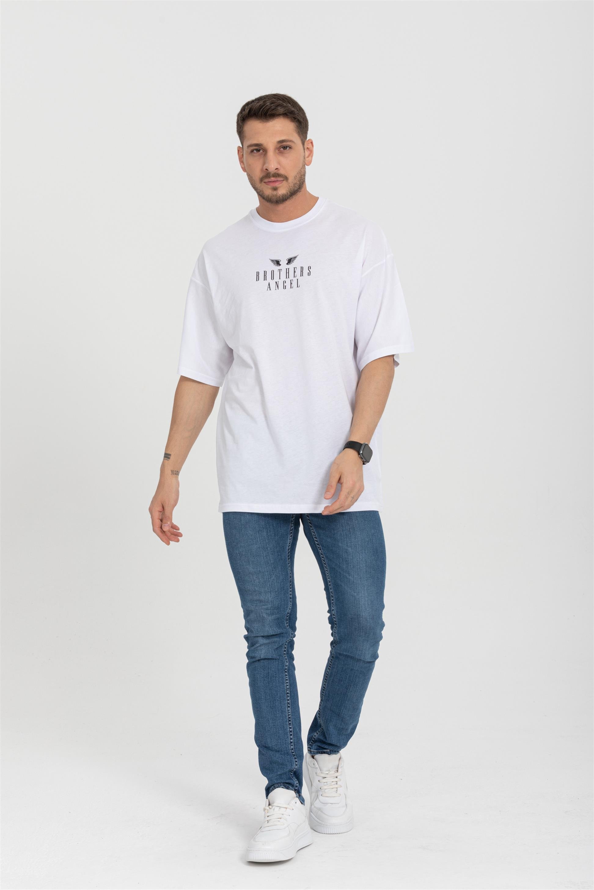 R-5719 Bisiklet Yaka Brothers Angel Baskılı Oversize T-shirt