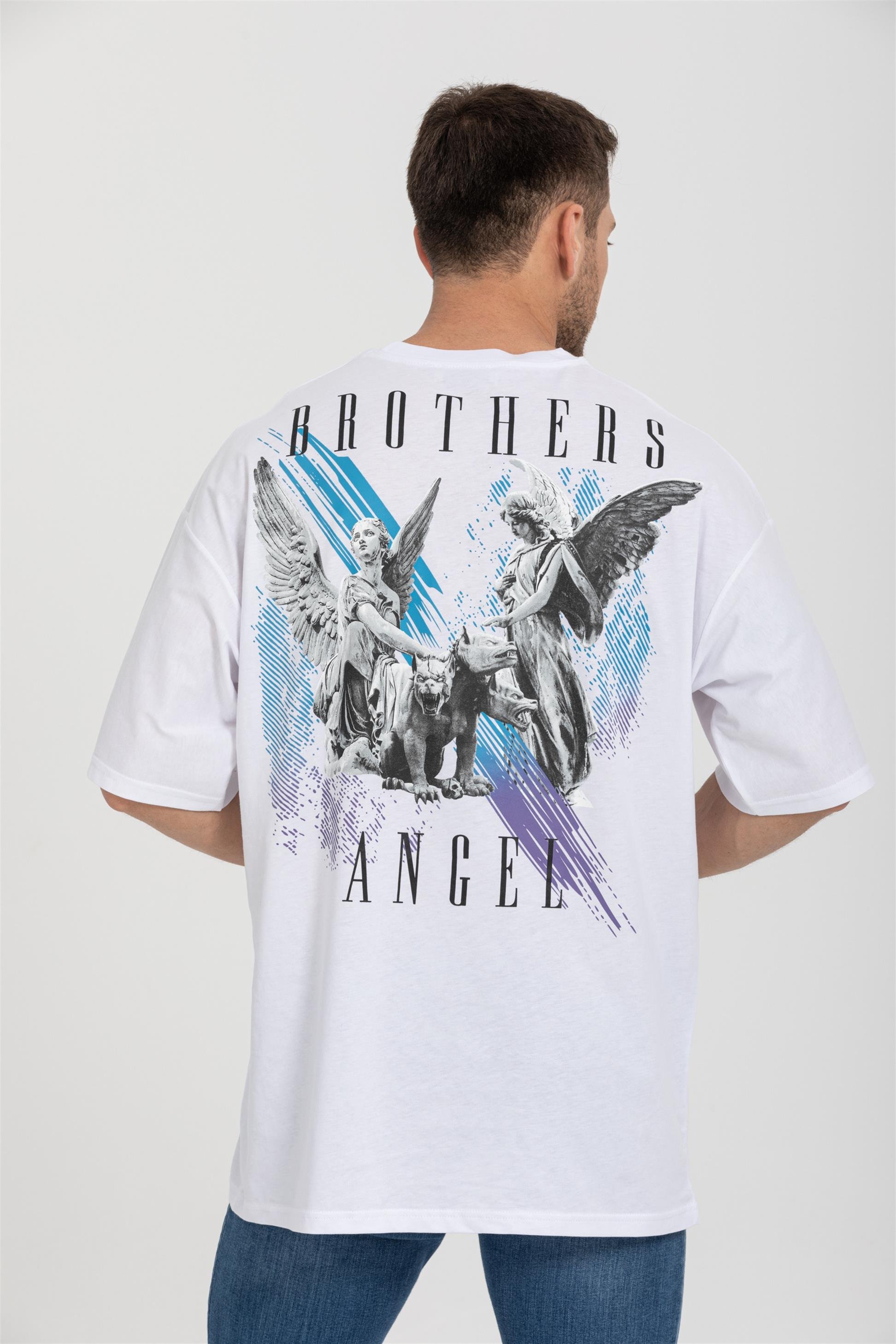 R-5719 Bisiklet Yaka Brothers Angel Baskılı Oversize T-shirt