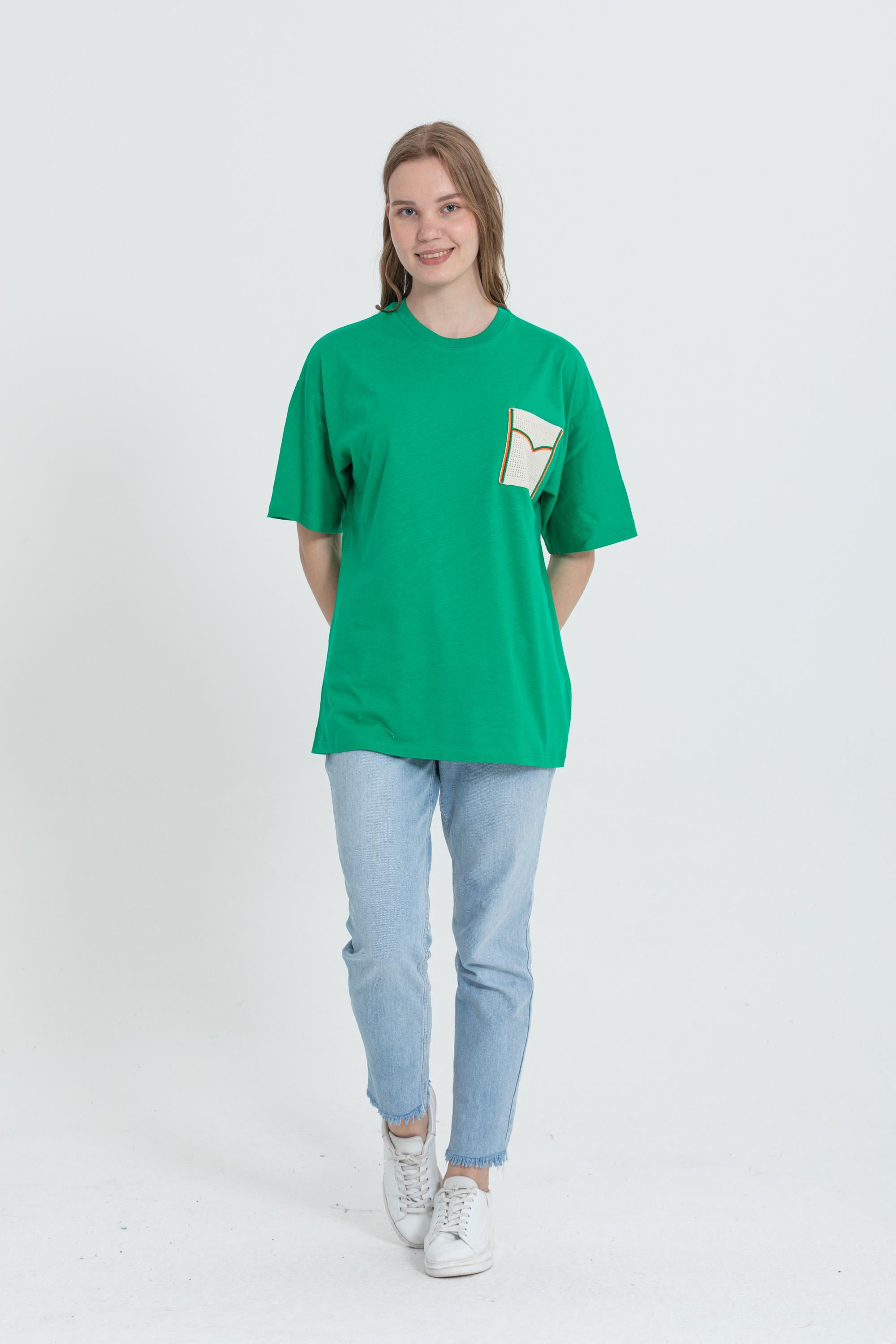 R-5729 Bisiklet Yaka Dantel Cep Detaylı Oversize T-shırt