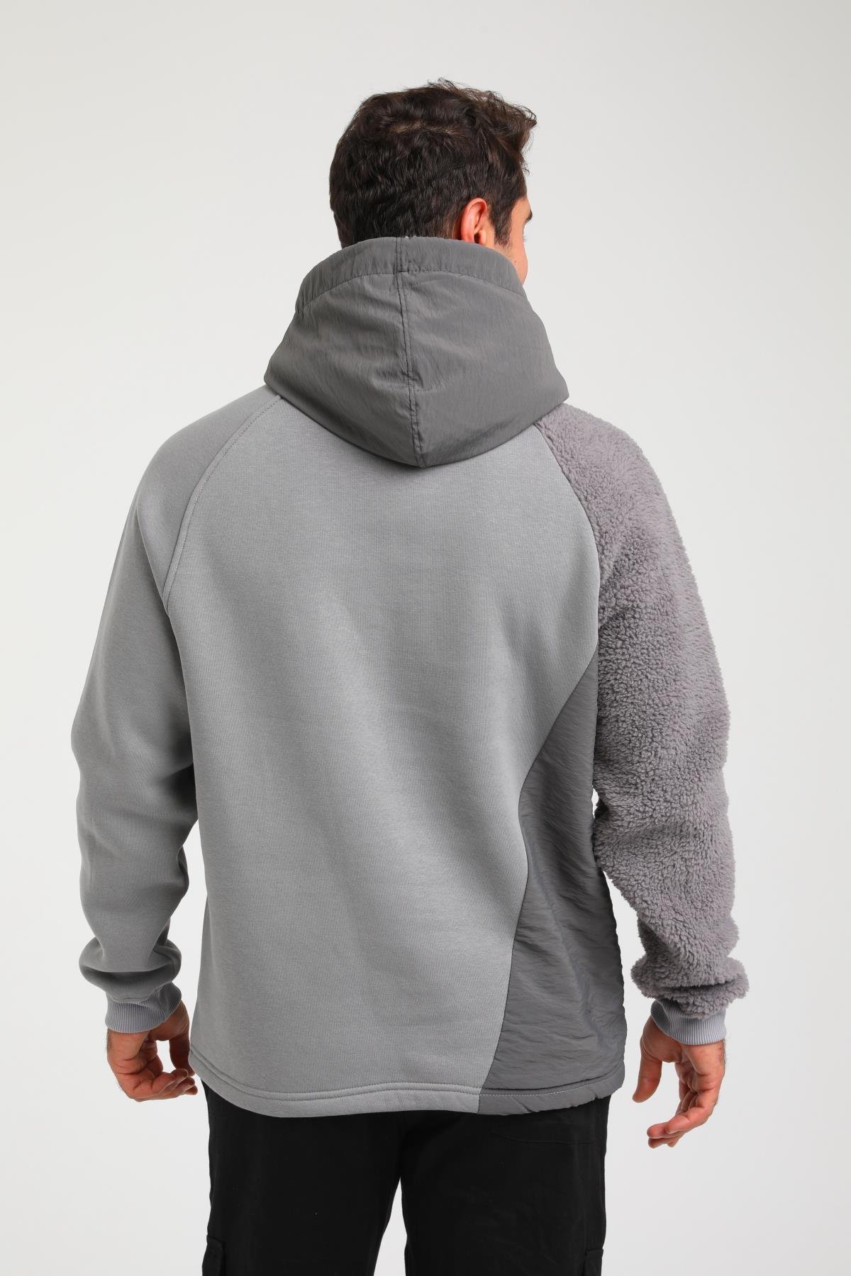 R-5747 Peluş Garni Detaylı Kapüşonlu Üç İplik Şardonlu Sweat