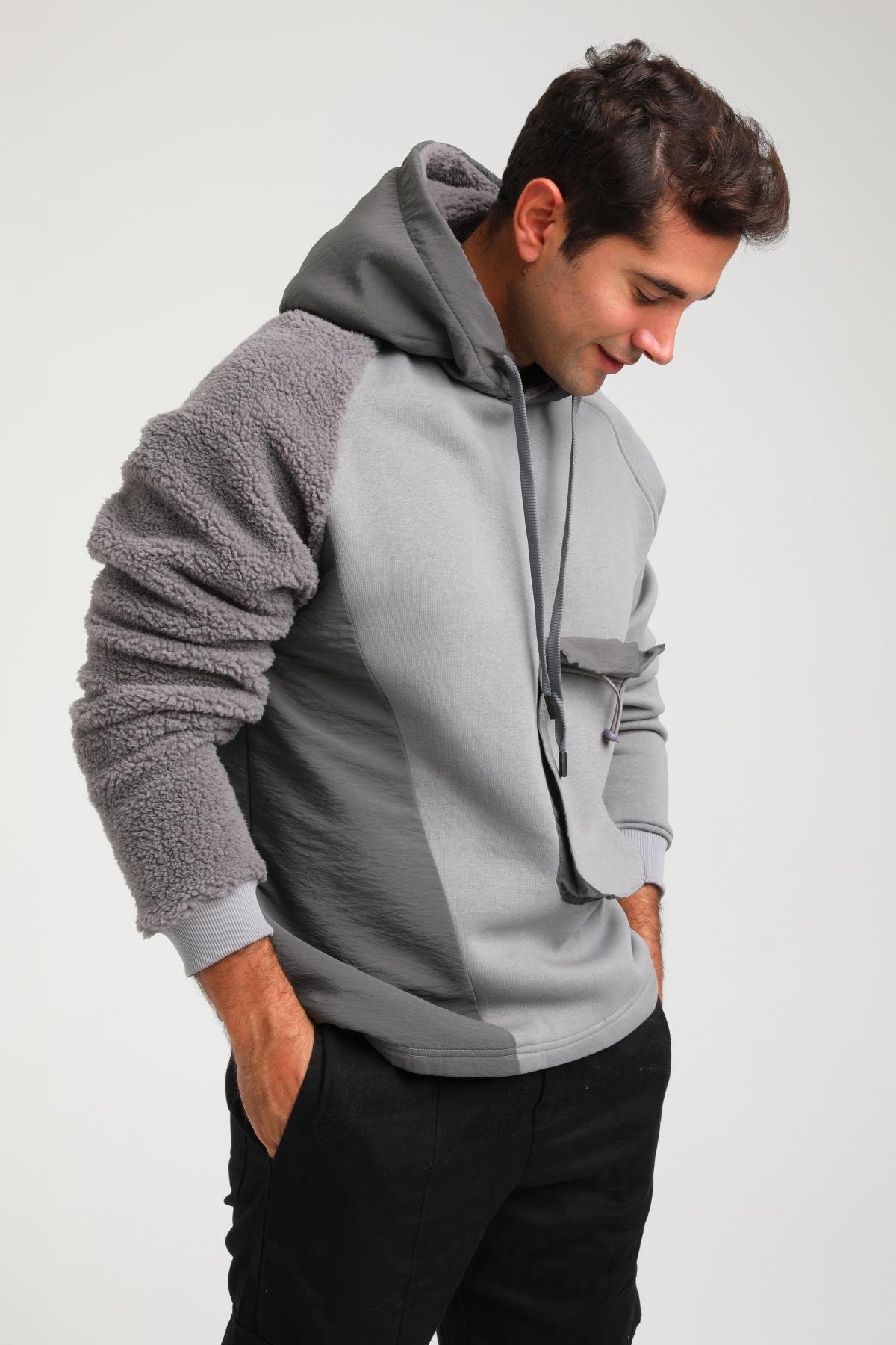 R-5747 Peluş Garni Detaylı Kapüşonlu Üç İplik Şardonlu Sweat