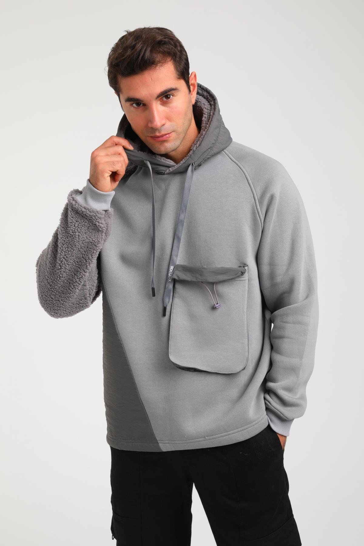 R-5747 Peluş Garni Detaylı Kapüşonlu Üç İplik Şardonlu Sweat