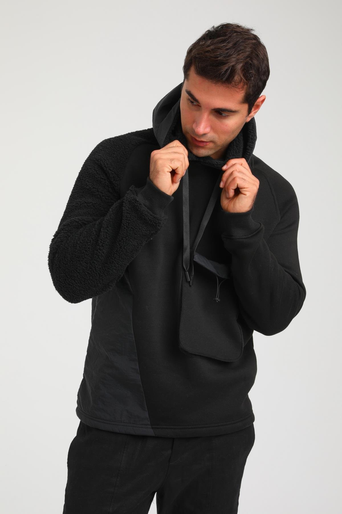 R-5747 Peluş Garni Detaylı Kapüşonlu Üç İplik Şardonlu Sweat