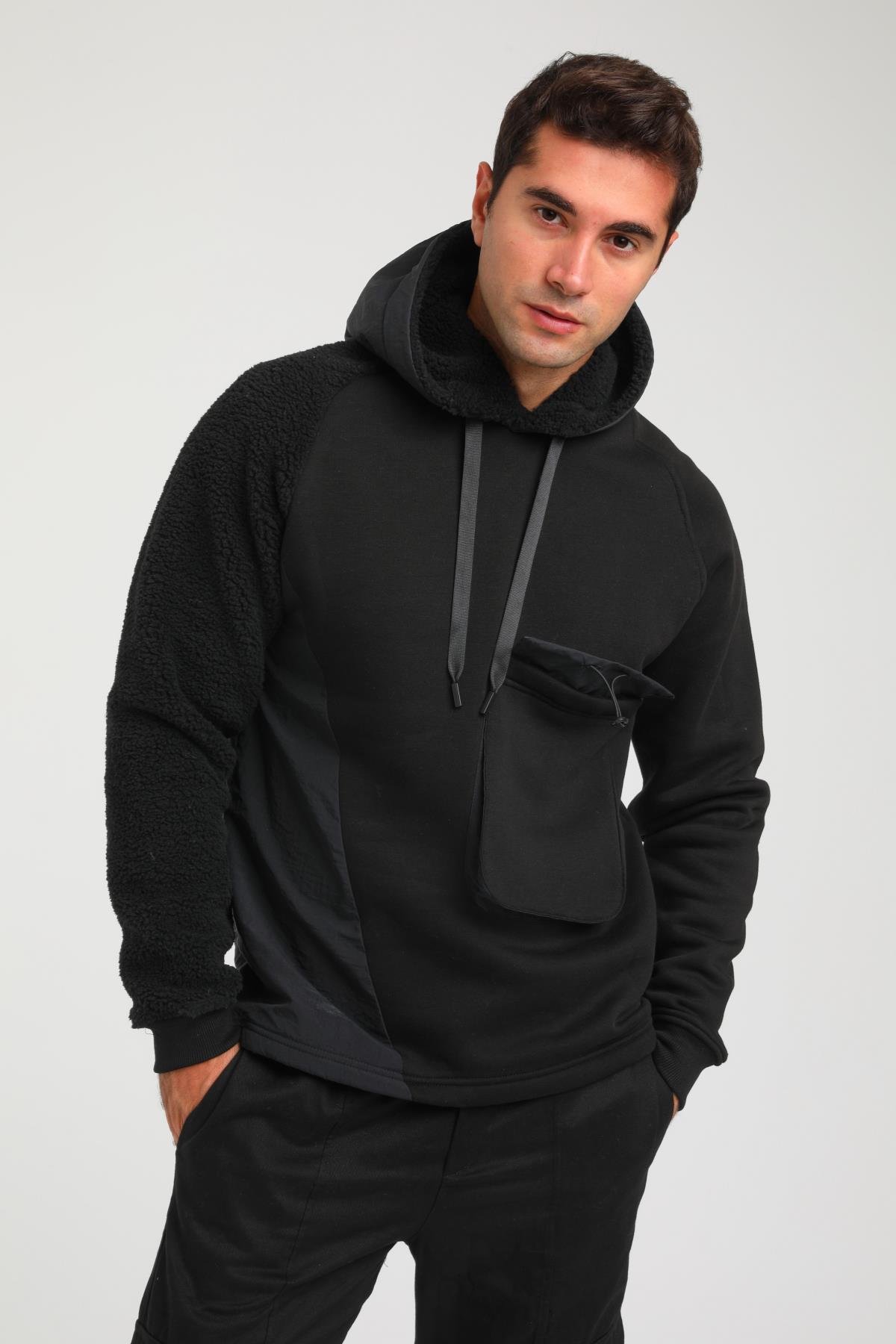 R-5747 Peluş Garni Detaylı Kapüşonlu Üç İplik Şardonlu Sweat