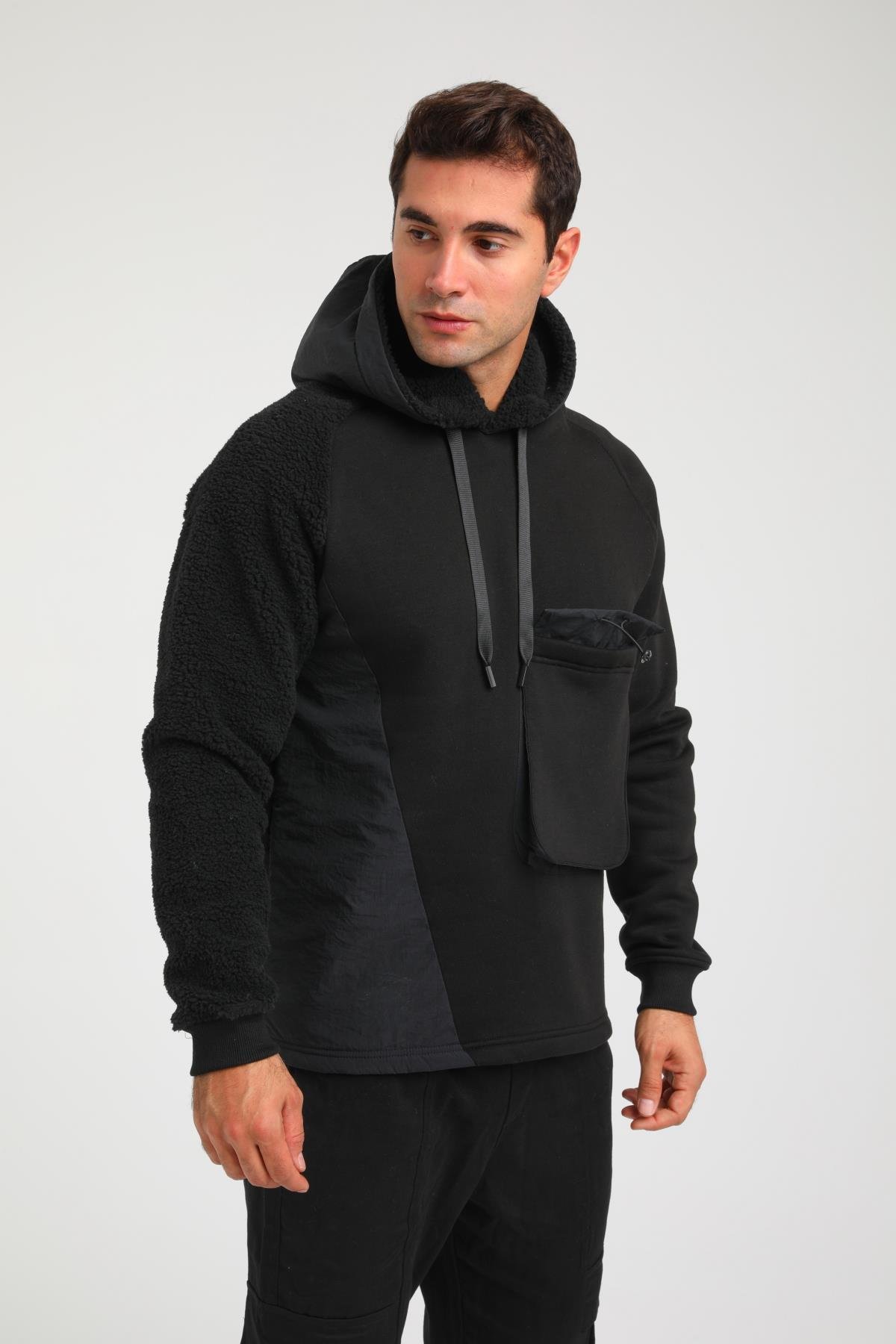 R-5747 Peluş Garni Detaylı Kapüşonlu Üç İplik Şardonlu Sweat