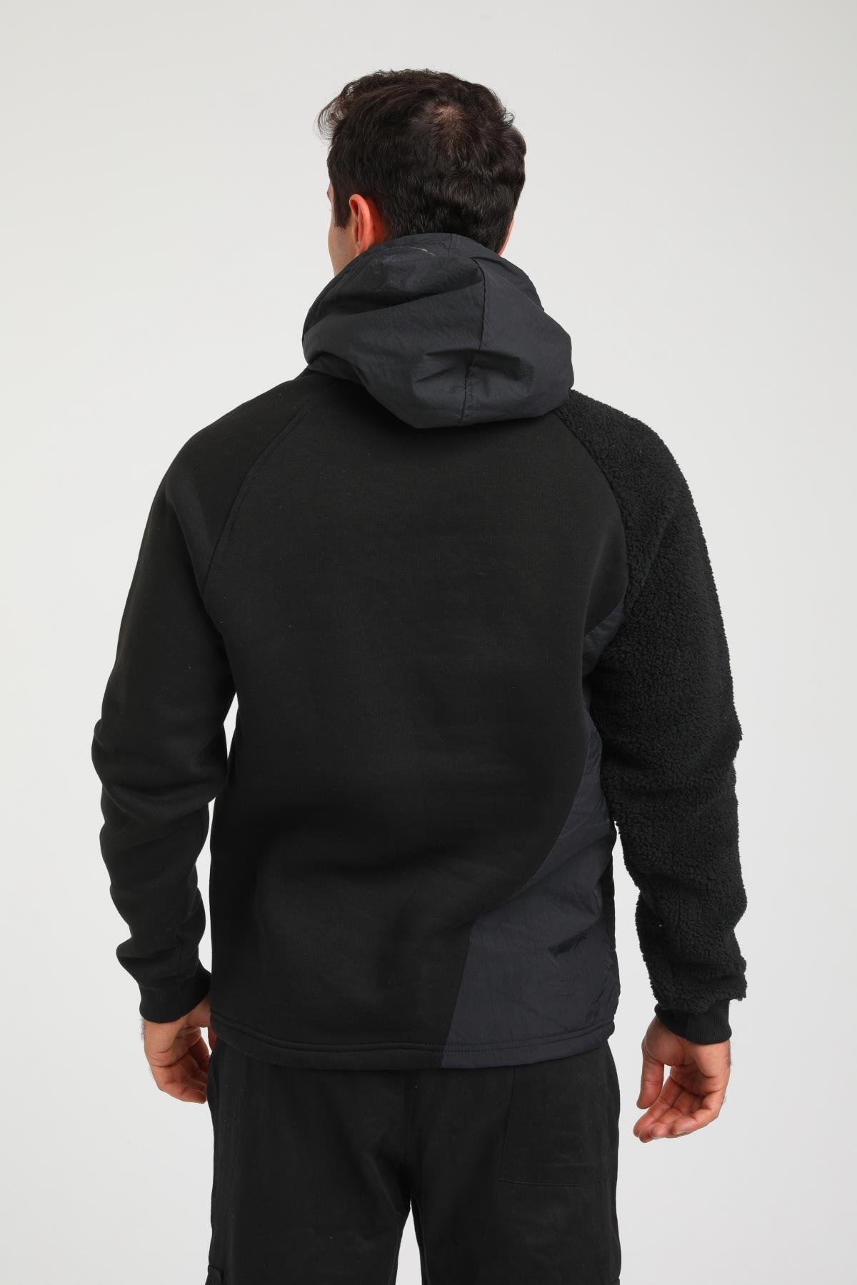 R-5747 Peluş Garni Detaylı Kapüşonlu Üç İplik Şardonlu Sweat