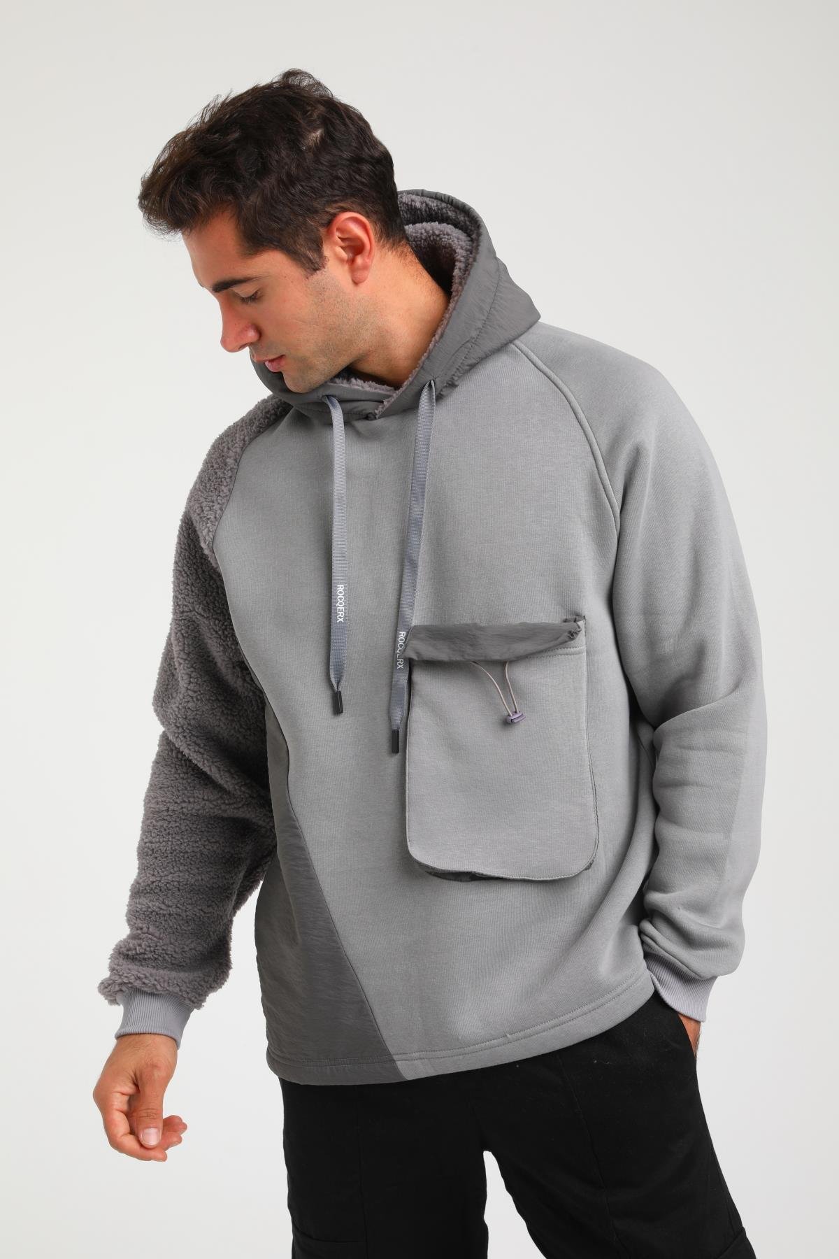 R-5747 Peluş Garni Detaylı Kapüşonlu Üç İplik Şardonlu Sweat