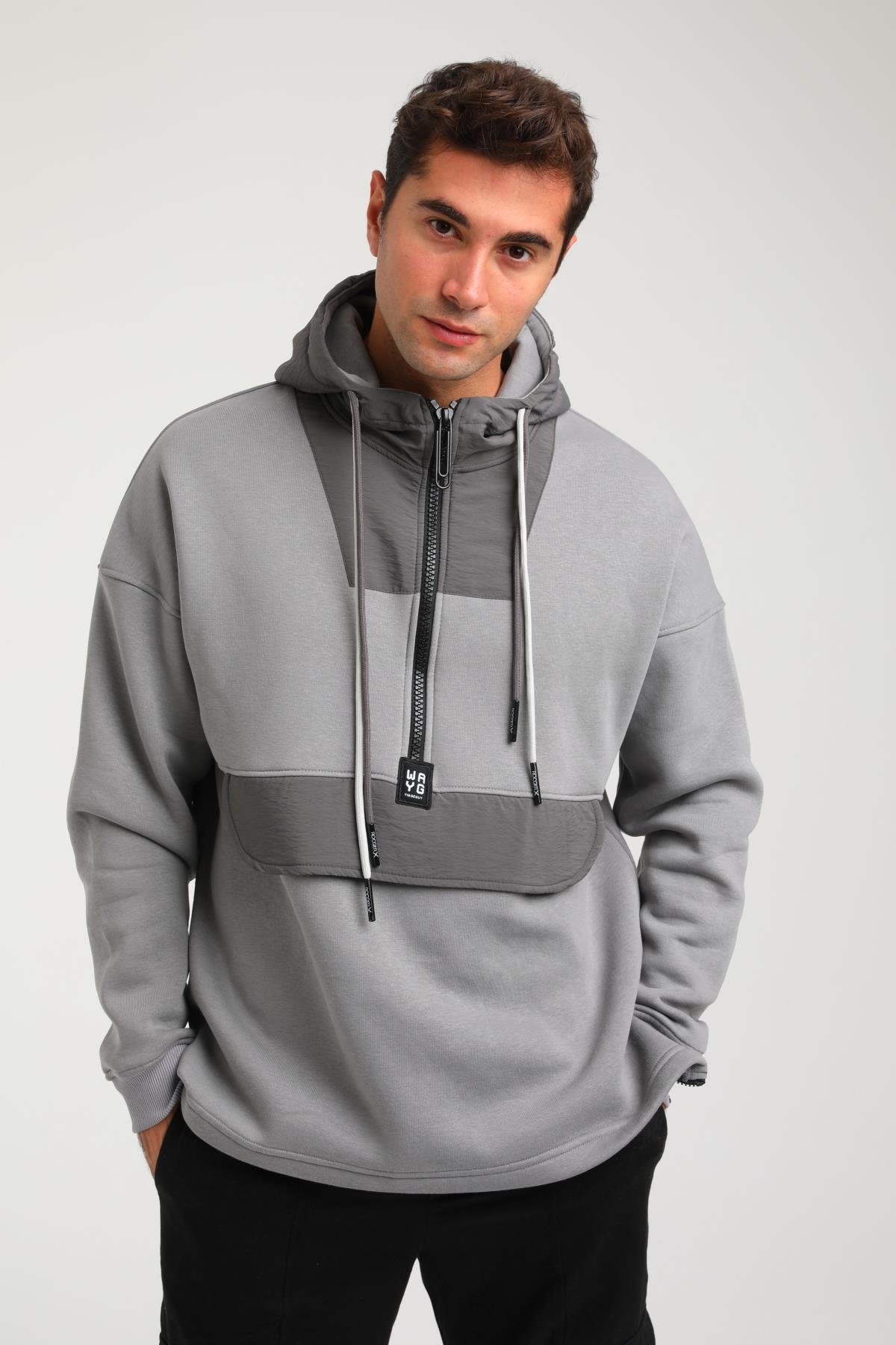 R-5748 Kapüşonlu Garni Detaylı Fermuarlı 3 İp Şardonlu Sweat