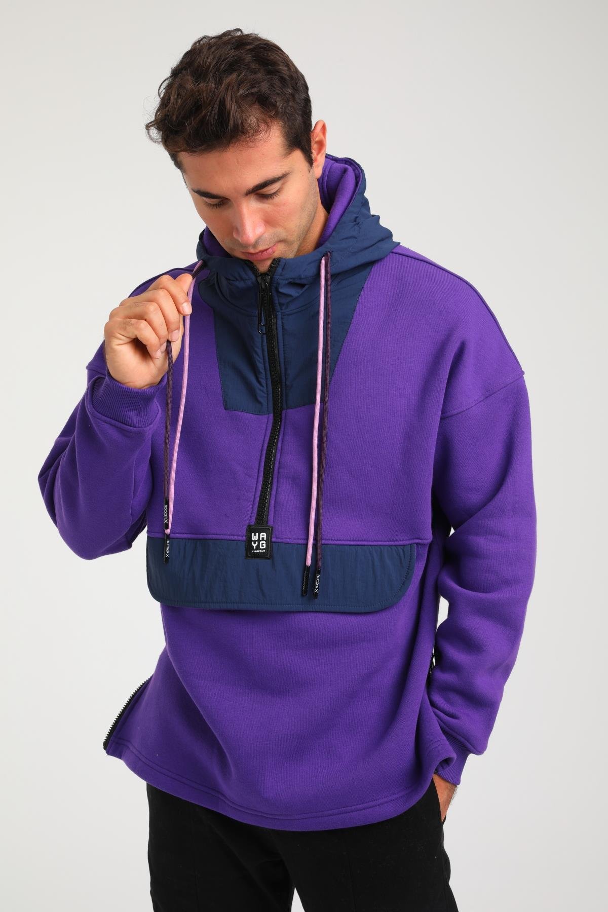 R-5748 Kapüşonlu Garni Detaylı Fermuarlı 3 İp Şardonlu Sweat
