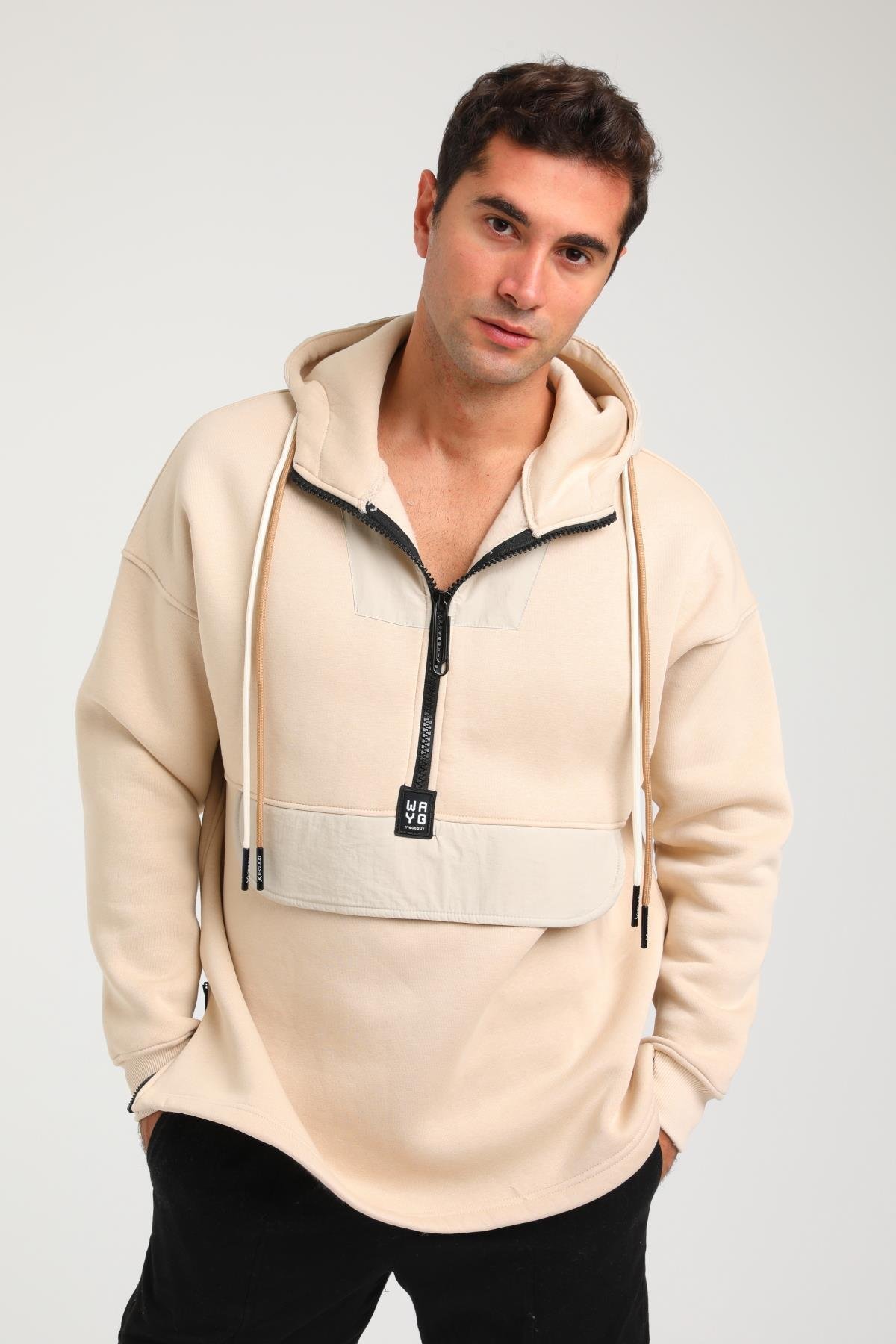 R-5748 Kapüşonlu Garni Detaylı Fermuarlı 3 İp Şardonlu Sweat