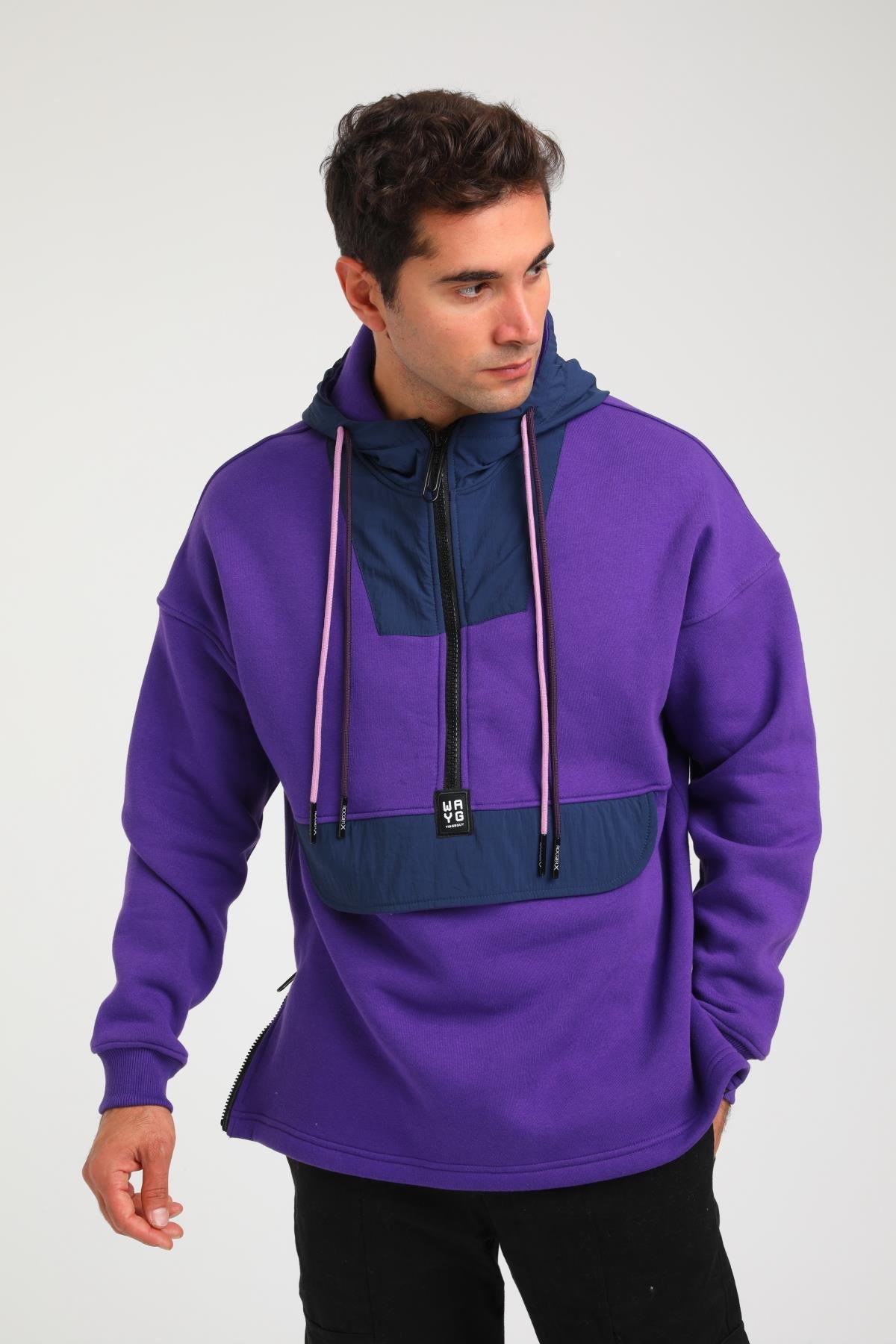 R-5748 Kapüşonlu Garni Detaylı Fermuarlı 3 İp Şardonlu Sweat