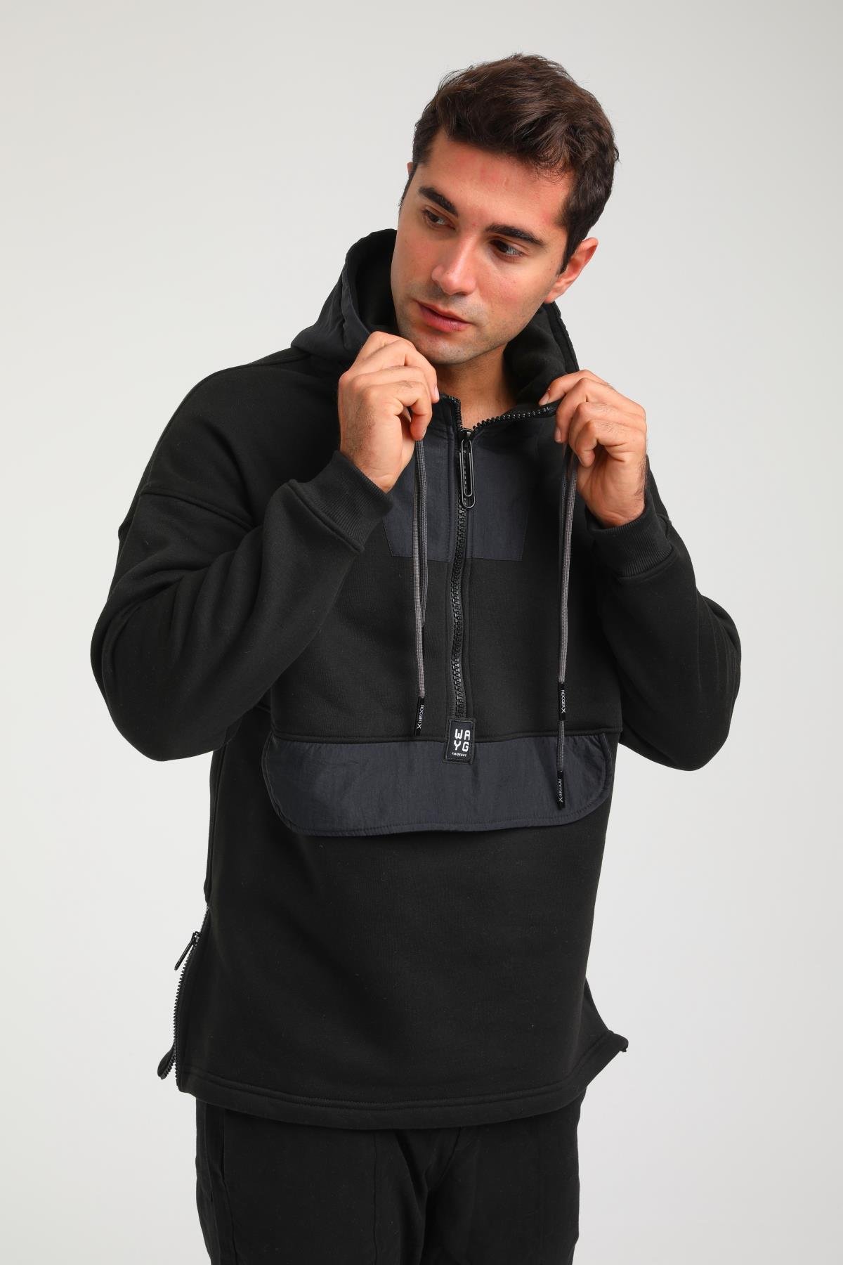 R-5748 Kapüşonlu Garni Detaylı Fermuarlı 3 İp Şardonlu Sweat