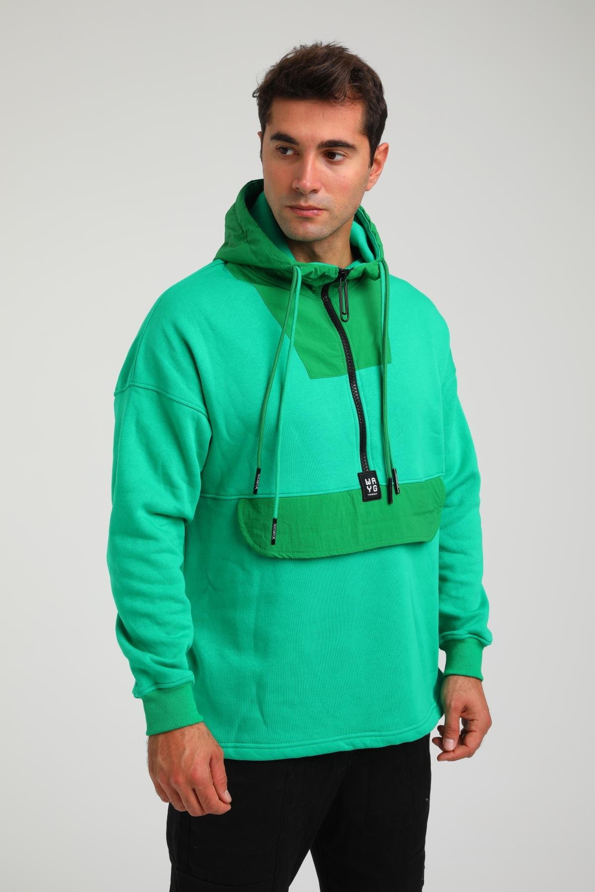 R-5748 Kapüşonlu Garni Detaylı Fermuarlı 3 İp Şardonlu Sweat
